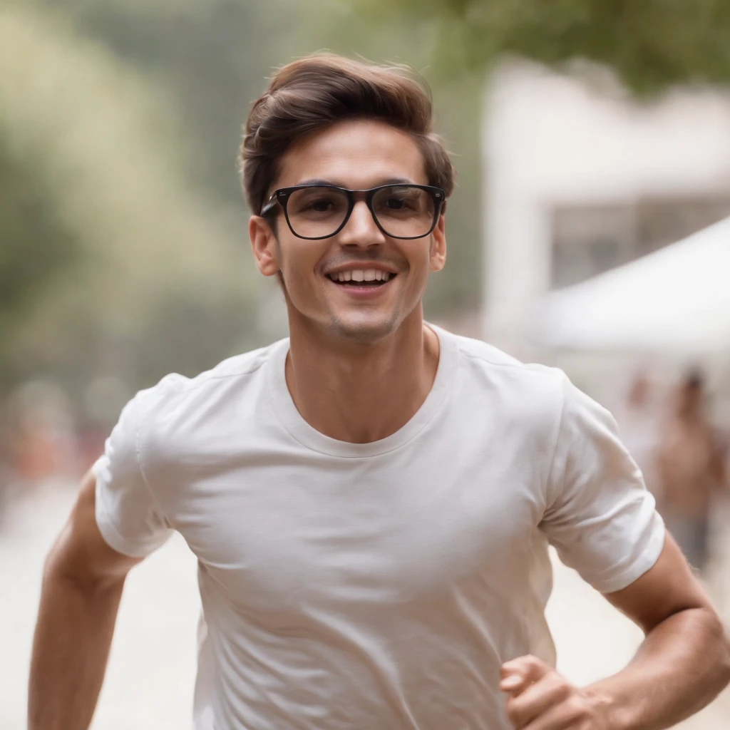 Young man running with open arms in shirt I love you mom, usando oculos, cabelo liso preto, sorriso branco, mostrando penis grande dentro so short