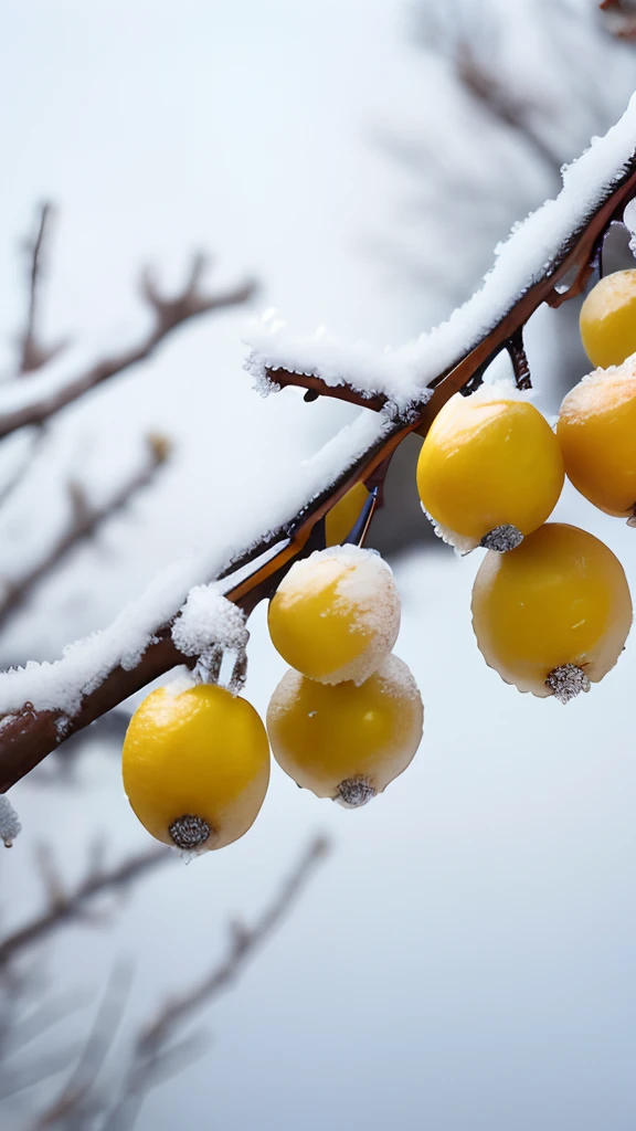 A frozen branch,There are two small yellow persimmons on top,vague background,Frost,Early winter weather