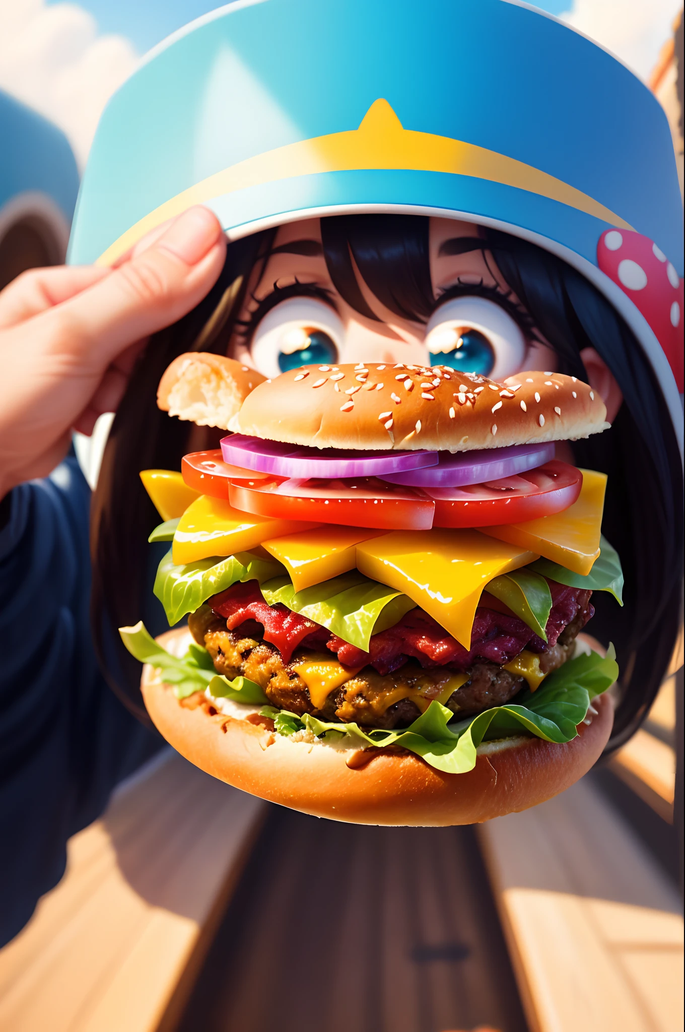 Disney PIXAR-style poster : Story of A Little Burger with Cute Eyes and Amazed to Explore an Amazing World of Flying Fast Food, Enjoying the ride with your companion, a small hotdog.