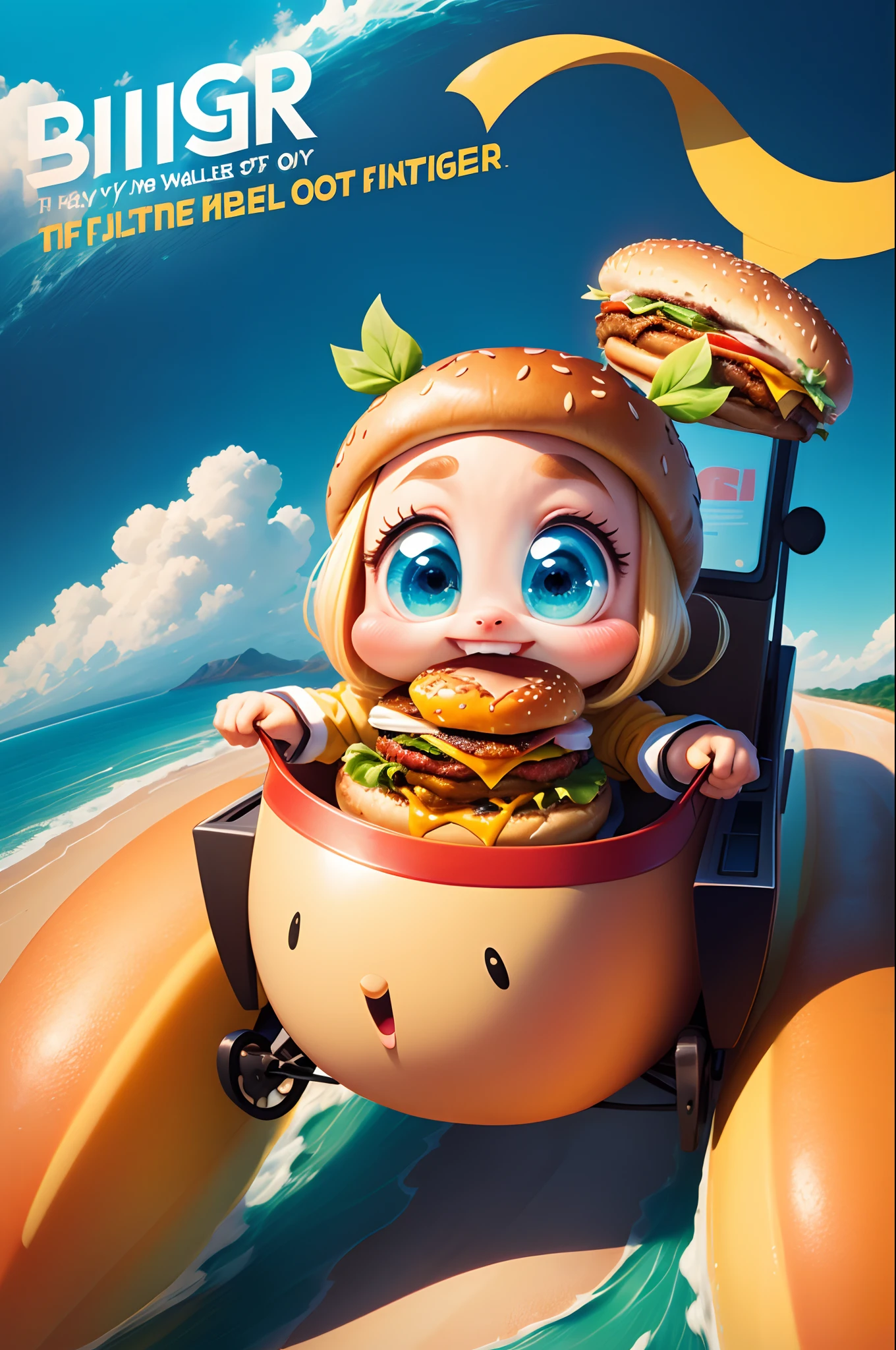Disney PIXAR-style poster : Story of A Little Burger with Cute Eyes and Amazed to Explore an Amazing World of Flying Fast Food, Enjoying the ride with your companion, a small hotdog.