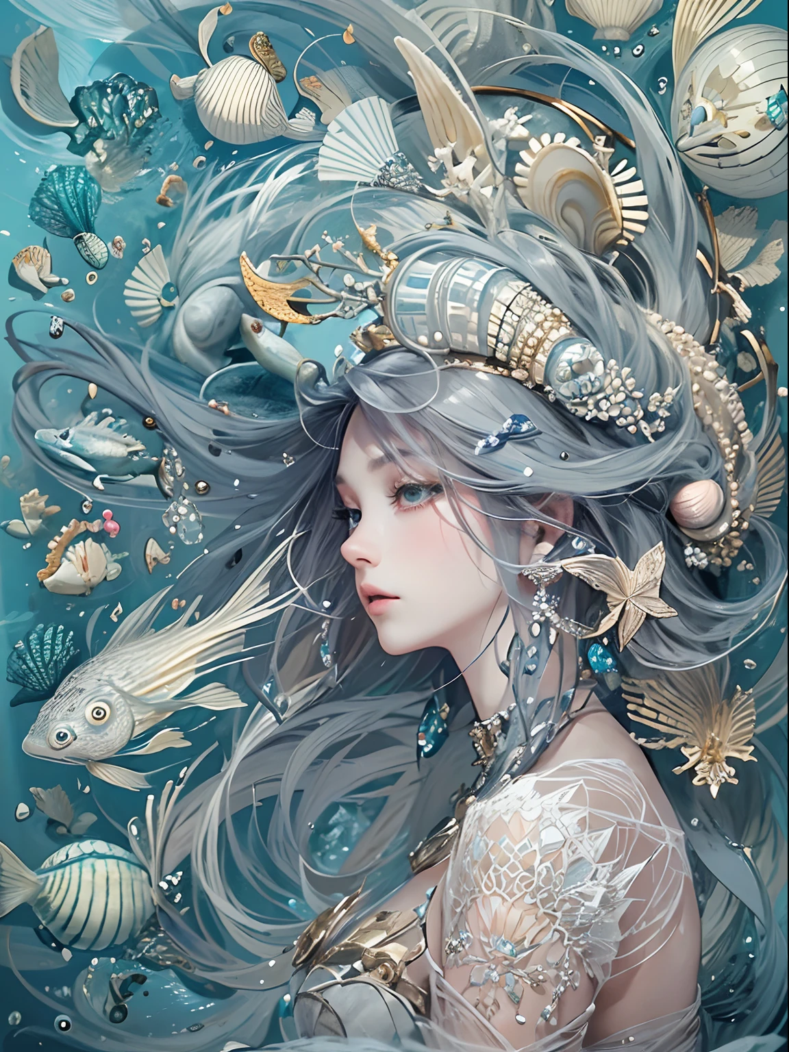 offcial art, Unity 8k壁纸, Ultra-detailed, Beautiful and aesthetically pleasing, tmasterpiece, best qualityer, (zentangle, datura, clew, meshing), (s fractal art: 1.3), 1 mermaid, (Hairstyles: Long hair) Ocean, Extremely detailed, dynamic angle, Cowboy shot, The most beautiful forms of chaos, elegant, Fauvistdesign, vivd colour, romanticism lain, Seafoam, Buble, shells, Fish, pearls