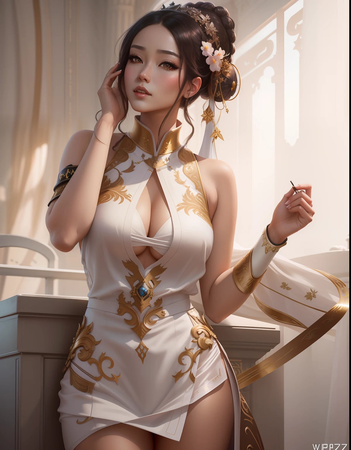 Hay una mujer con un vestido blanco posando para una foto, Tendencias en CGVatstation, WLOP y ROSS Tran, a beautiful empress of fantasy, ((a beautiful empress of fantasy)), Obras de arte al estilo de Guweiz, Impresionante CGsociety, Hermosa y seductora mujer de anime, Obra maestra de CGsociety, palacio , Una chica en Hanfu, Artgerm extremadamente detallado