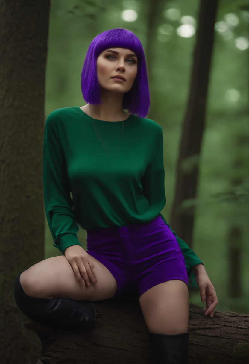 ratte867, 1girl, solo, (forest green hair:1.2), Asymmetrical haircut, (violet clothes:1.2) masterpiece, best quality, photorealistic, realistic, (RAW photo, 8k uhd, film grain), caustics, subsurface scattering
