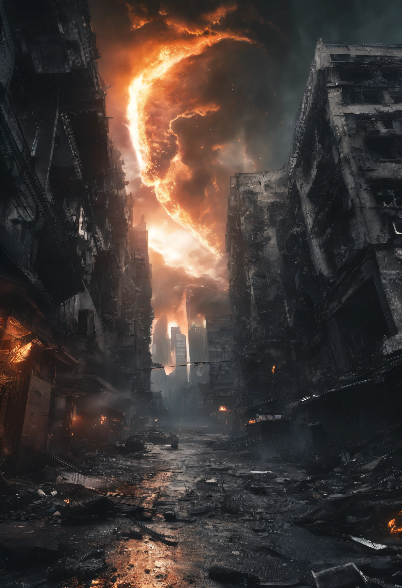 (best quality,ultra-detailed,realistic:1.37),The asteroid hitting the earth,devastation,widespread destruction,smoke and fire,rippling shockwave,crumbling buildings,falling debris,chaos and panic,surreal atmosphere,dusk lighting,epic disaster,people fleeing in terror,apocalyptic scenery,widespread chaos,ruined cityscape,dark clouds looming,explosion and flames,massive impact crater,ground shaking,molten rocks,flying debris,emotionally charged,desperate survival,ominous sky,abandoned streets,wrecked vehicles,overwhelming sense of destruction,post-apocalyptic landscape,heart-wrenching scenes,devastating aftermath,city in ruins,desolate wasteland,overcast sky,despair and loss,damaged infrastructure,breathtaking destruction,unimaginable catastrophe,bleak and grim,scorching blaze,uncertain future.