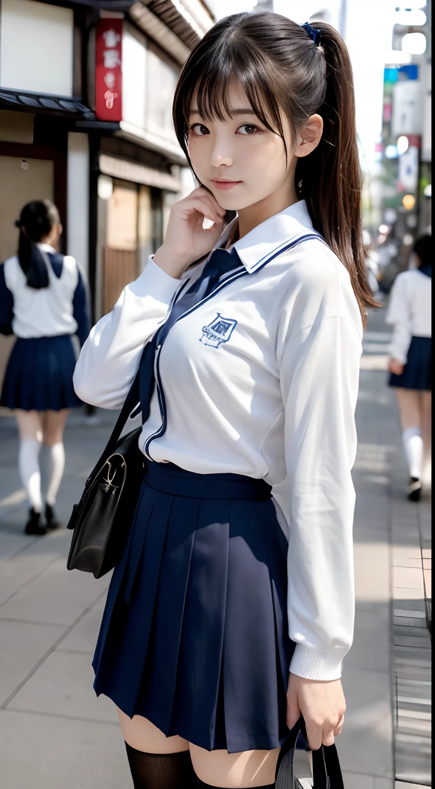 high quality、masterpiece、high school girl、Two Japanese women、19 years old、Over the knee socks、Hime cut、garter belt、Low Angle、The wind blows and my skirt flutters、Very sensitive skin、Fair skin、A dynamic pose、Young Face、Slim figure、(Glasses)、No sleeve、Camel Toe,Clearly visible