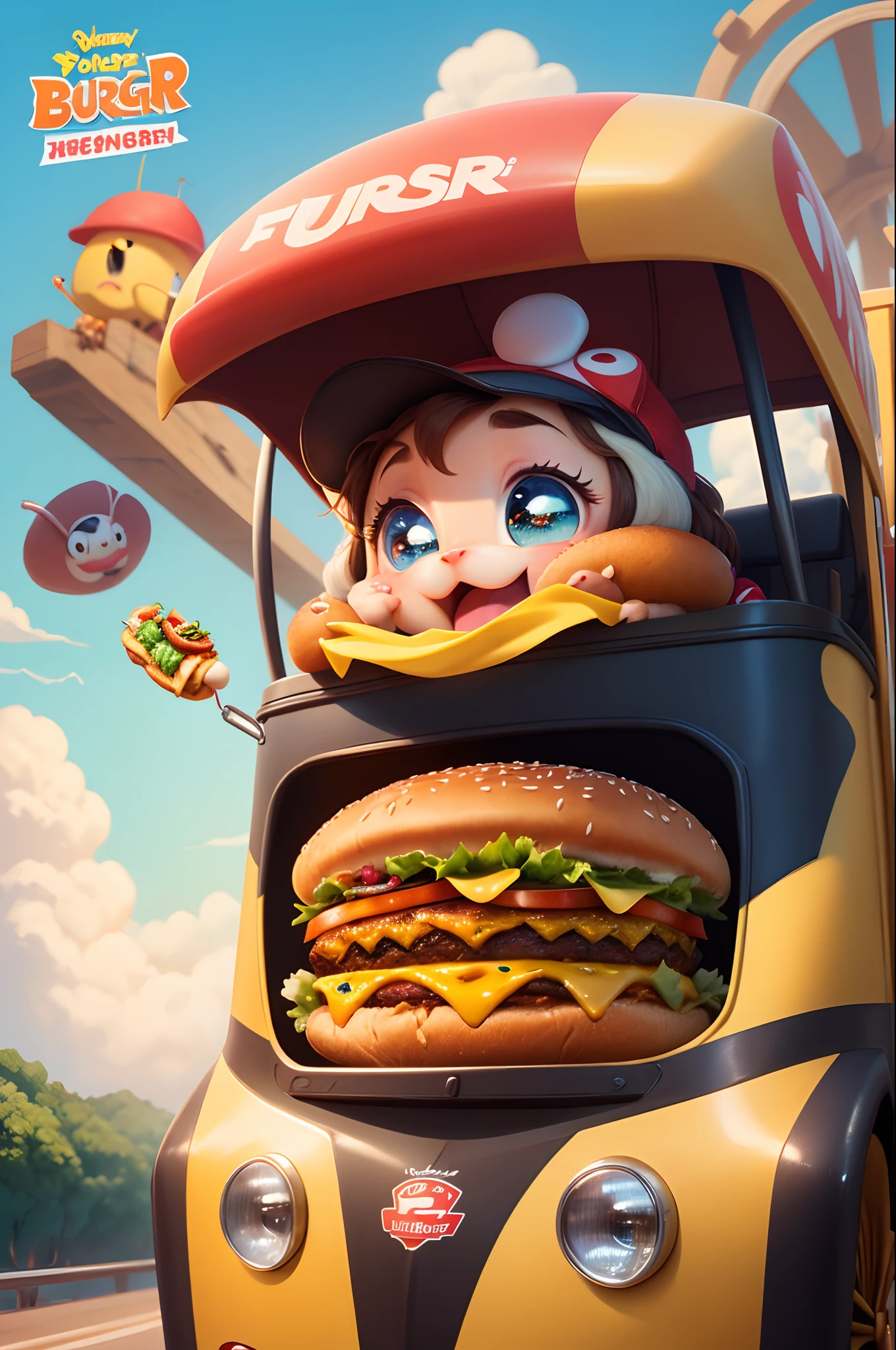Disney PIXAR-style poster : Story of A Little Burger with Cute Eyes and Amazed to Explore an Amazing World of Flying Fast Food, Enjoying the ride with your companion, a small hotdog.