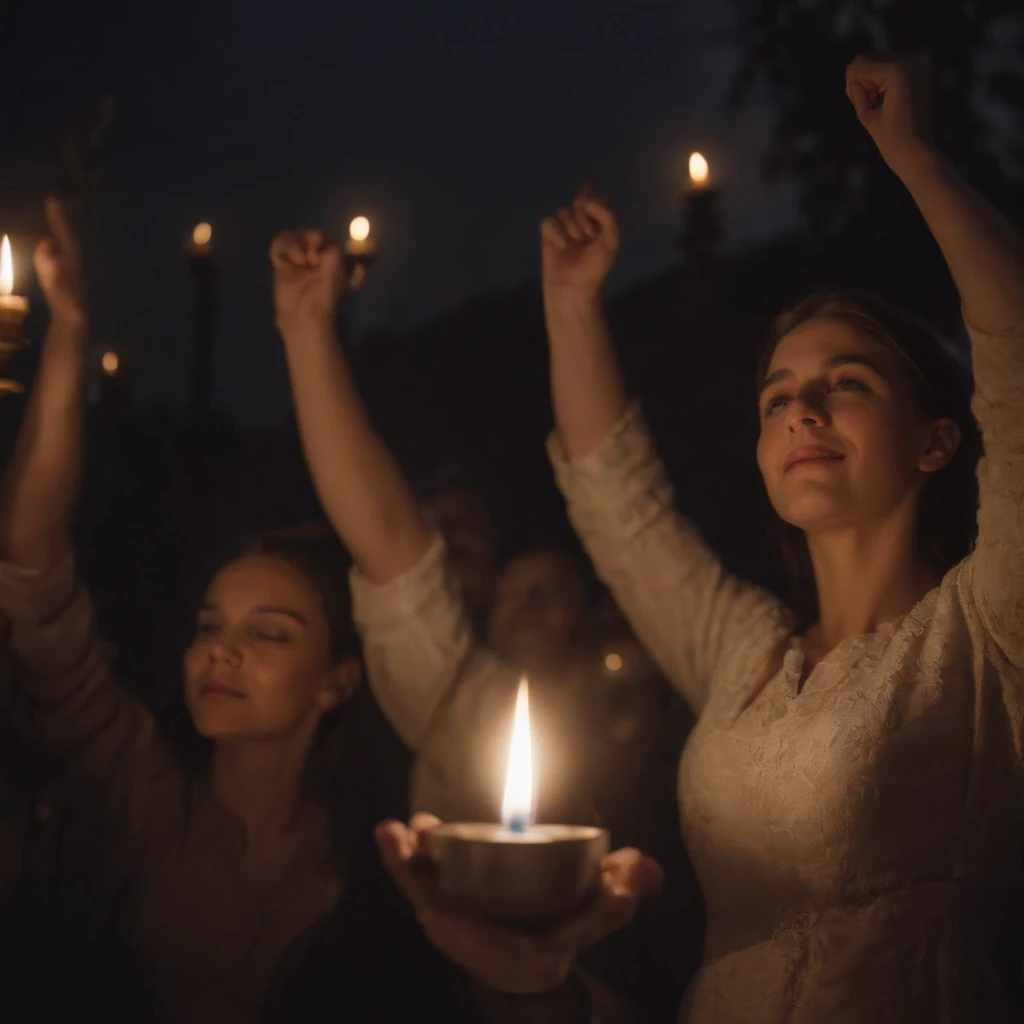 jovens louvando, Arms raised in a dark place with candle lights, com um cruxifico em cima da parede