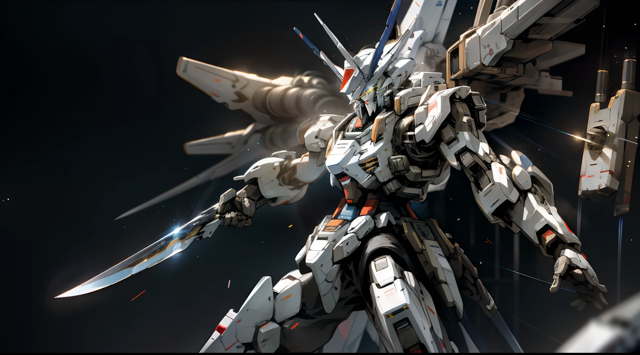 Surrealism, ray tracing, UHD, high details, 8k, best quality, textured skin, Gundam mech, masterpiece, best quality, mecha, unmanned, (full body), (white mech: 1.5), (axisymmetric: 1.4), (HDR), (movie light: 1.1), white eyes, cool, science fiction, fire, laser cannon beam, war, conflict, destroyed city background handheld weapon, (Holding a huge weapon: 1.5), holding an oversized shield, mech man,