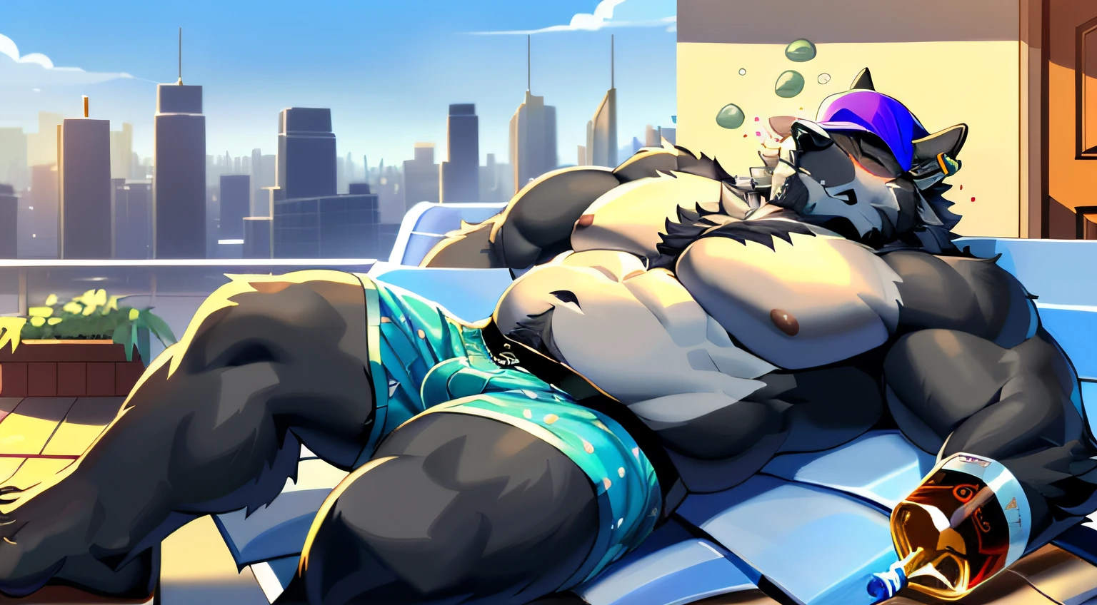 anthro, male, (wolf, canine, canid), dad bod, solo, (black fur:1.5),(left ear ring:1.3),(gray hair over eye, gray beard:1.5),(yellow eyes),mature male, facial hair, male, chubby, hairy chest (mature male, manly), thick eyebrowns, (stumbling, substance intoxication, drunk:1.6), (shirtless, boxers:1.5), (rooftop garden, city skyline, lounge chairs, rooftop access door background), (by adios, by null-ghost), (hi res, best quality, high quality, detailed, shaded, outline, cel shading, shading, masterpiece:1.2)