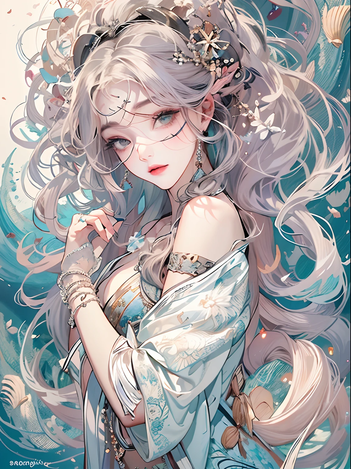 offcial art, Unity 8k壁纸, Ultra-detailed, Beautiful and aesthetically pleasing, tmasterpiece, best qualityer, (zentangle, datura, clew, meshing), (s fractal art: 1.3), 1 mermaid, (Hairstyles: Long hair) Ocean, Extremely detailed, dynamic angle, Cowboy shot, The most beautiful forms of chaos, elegant, Fauvistdesign, vivd colour, romanticism lain, Seafoam, Buble, shells, Fish, pearls,1female,30 age old,Married Woman,熟妇,extremely large bosom, 独奏,revealing breasts,Bare genitalia, Bulge,Camel toes,Desire for dissatisfaction,legs separated,Sexy gesture,