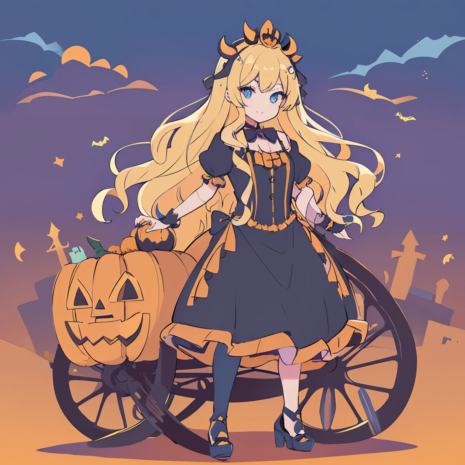 Official Images,Halloween,media,Blonde with curly hair and blue eyes in fancy dress,Pumpkin carriage