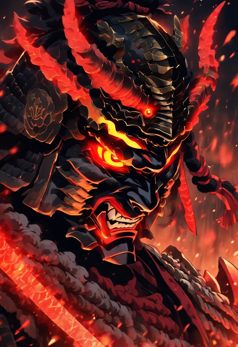 demon with red glowing eyes wearing an ancient japanese shogun armor with helmet standing in a battle stance ready to draw its blade