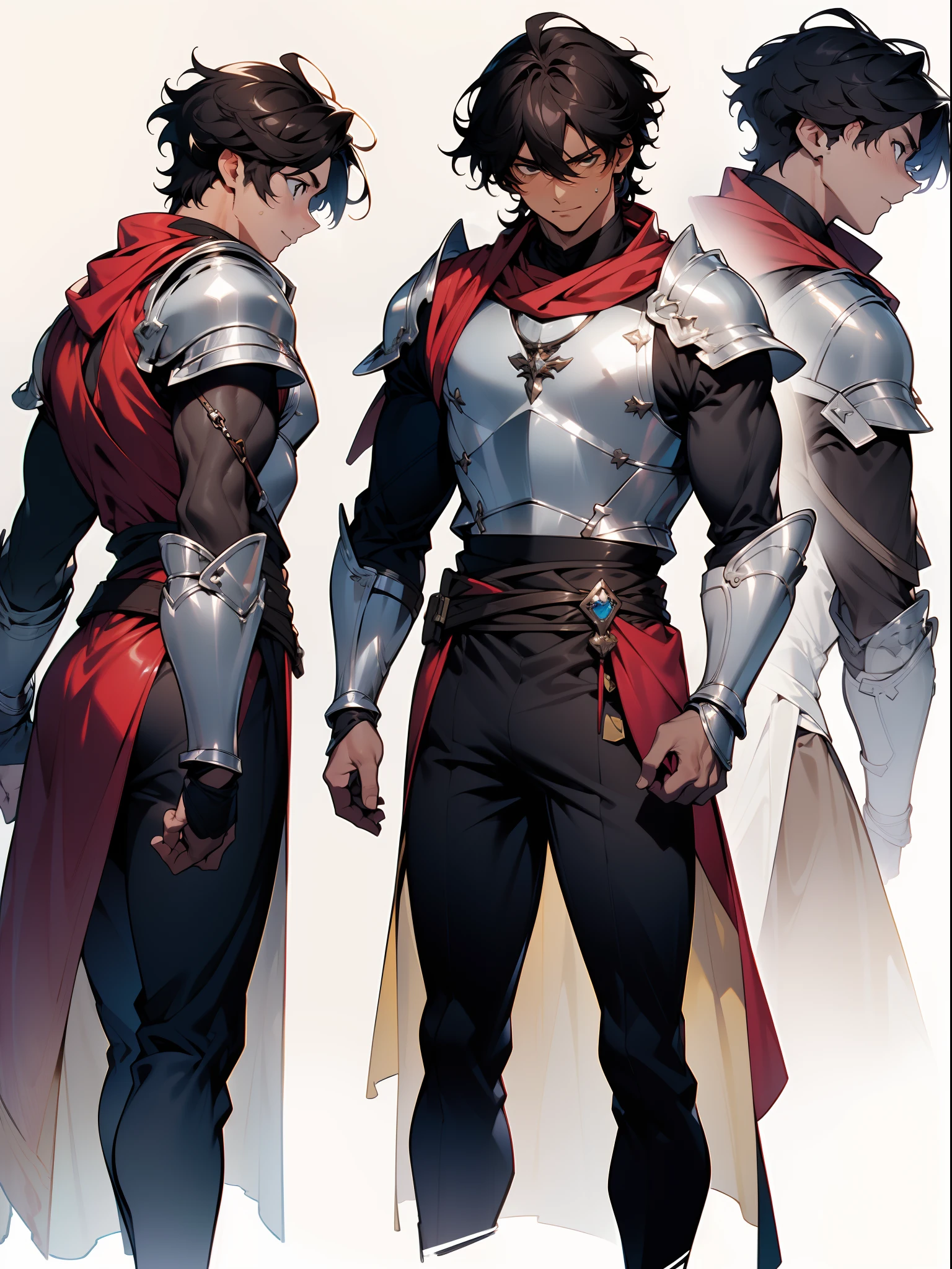 (Very detailed), (((best quality, high quality))), ((((UHD, highres)))), (((multiple views))), (concept art), (character sheet), 1man, Perfect face male, dark skin man, black eyes, lightweight leather armor, Burning eyes, fantasy urban rouge, medieval villager, body front view, body back view, Full body, front and back view, white background, brown and white and yellow colors
