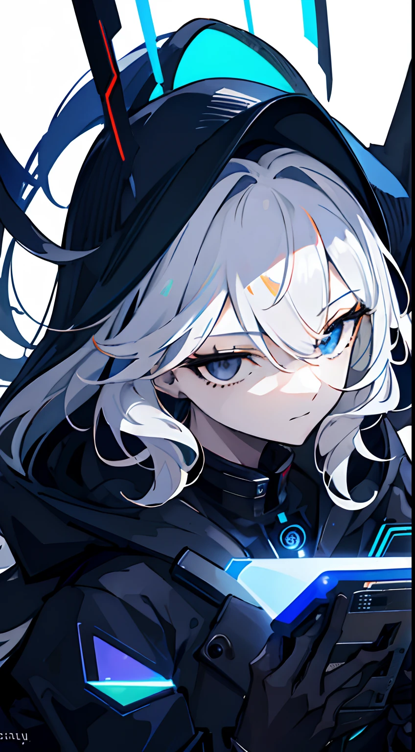 (absurdres, highres, ultra detailed), 1woman, mature female, aged up, wavy long hair, white hair, black eyes, bangs, long sleeves, finely detailed eyes and detailed face, extremely detailed CG unity 8k wallpaper, intricate details, portrait, looking at viewer, solo, (full body:0.6), detailed background, detailed face, (matrix theme:1.1) evil high-tech futuristic hacker, advanced technology, hoodie, techwear, wearable device, keycard, cables, head-up display, blue (holographic display:1.05), access granted, cybersecurity, server room in background, orange lights, dark sinister atmosphere, , portrait, wind swirling