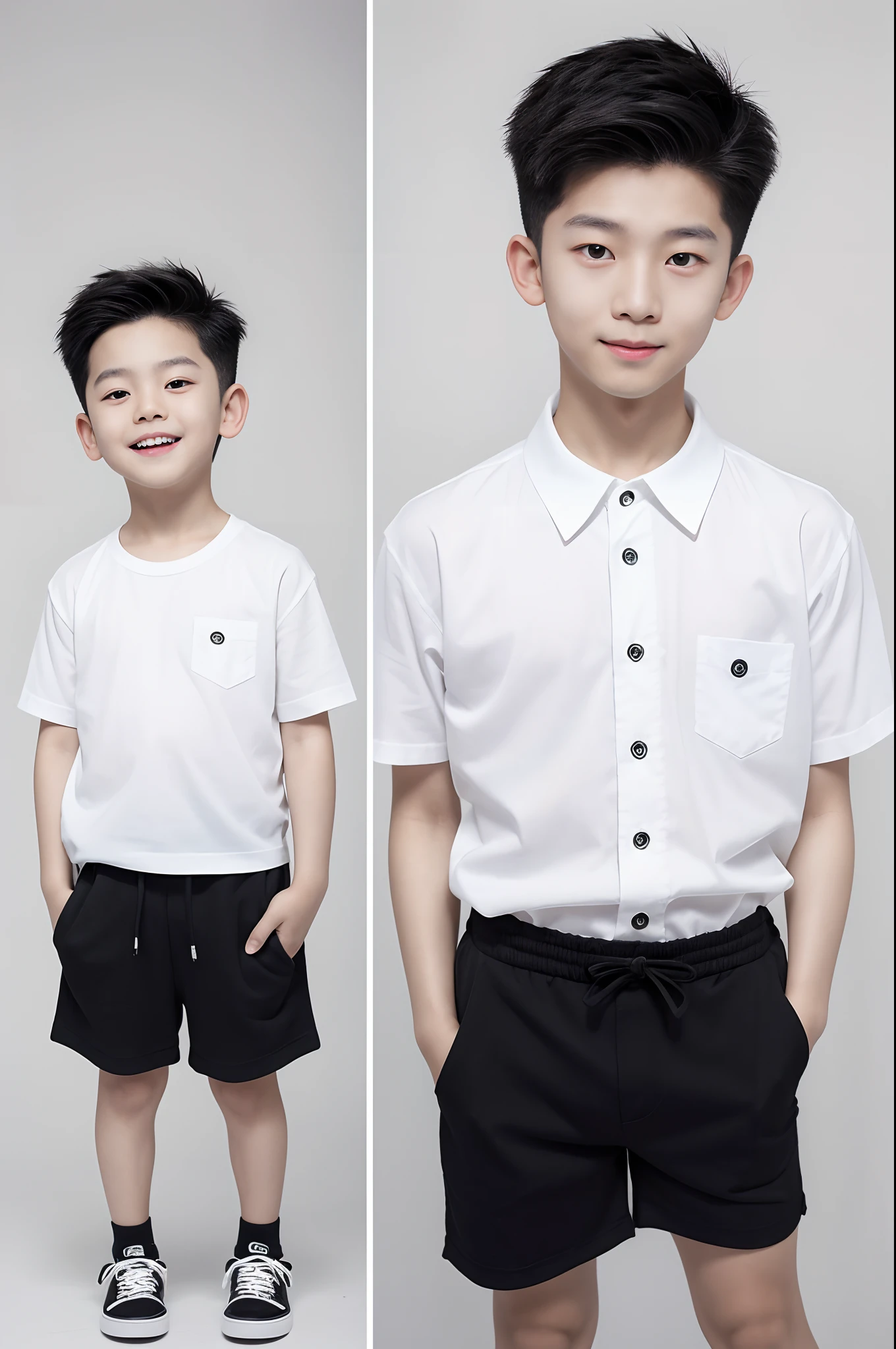 Korean young boy in a baggy white shirt and  black shorts, Full Body Shoot, Quiff haircut, look at camera, detailed facial parts, young, Active Boy, Freestyle Pose, Happy Expression, symmetric body, 3 , high detail, asian, realistic, human skin, perfect anatomy, Short Hairstyle, cute, human skin, (eyes contact)