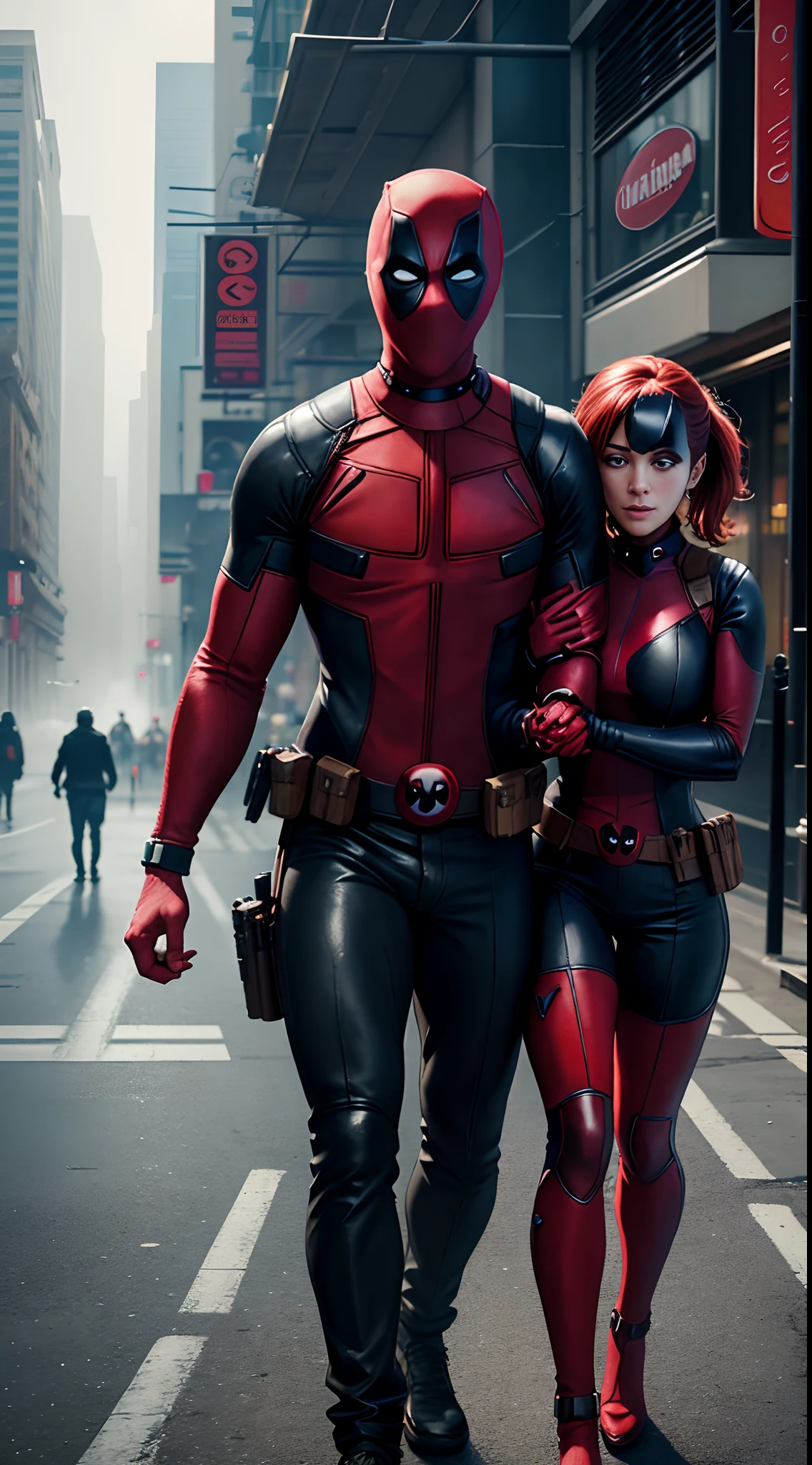 a romantic photo of deadpool holding his beautiful wife, Highly Detailed Skin, Realistic Skin Details, Sharp Focus, Volumetric Fog, 8K UHD, DSLR, high quality, film grain, fair skin, photorealism, sprawling metropolis in futuristic dystopia, walking on the streets holding hands,