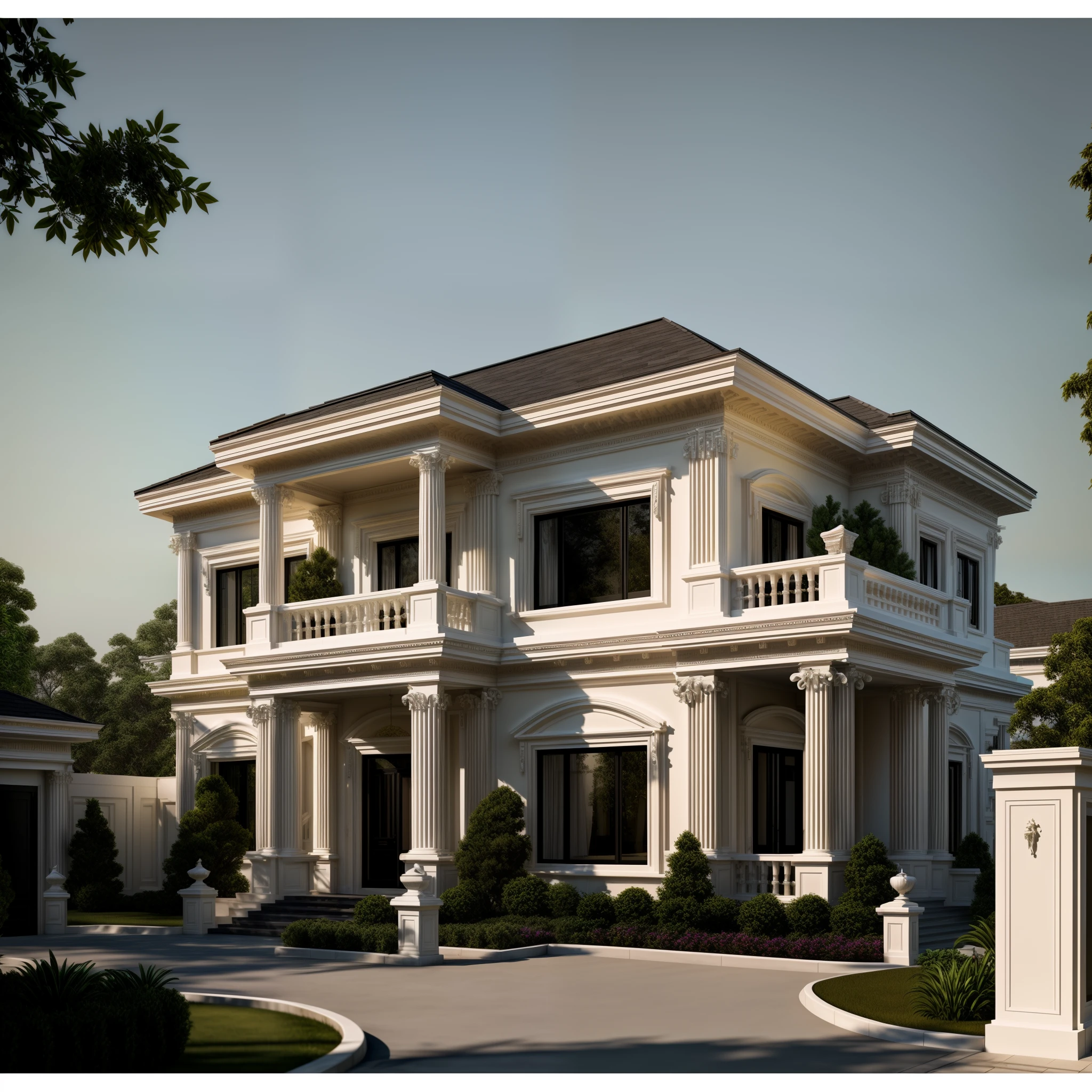 arafed white house with a car parked in front of it, neo - classical style, classicism style, classical style, rich house, exterior design, stunning grand architecture, elegant architecture, luxury architecture, neoclassical style, beatiful house, magnificent design, exquisite architecture, neo - classical, neo-classical, classicism artstyle, beautiful architecture, front perspective, 1 road runs in front of the house, (RAW photo, real, best quality, masterpiece:1.8), look morden minimalist, 1 road in front of the house, shime ring light, light brighteness from indoor:1.5, dynamic lighting:1.3, (hyper realistic, photo-realistic:1.5), high quality, day lighht, hight contrast :1.2 perfect lighting, archdaily, award winning contemporary, contemporary masterpiece, well-designed masterpiece, large modern residence, supper detail, utral detail, auto syn