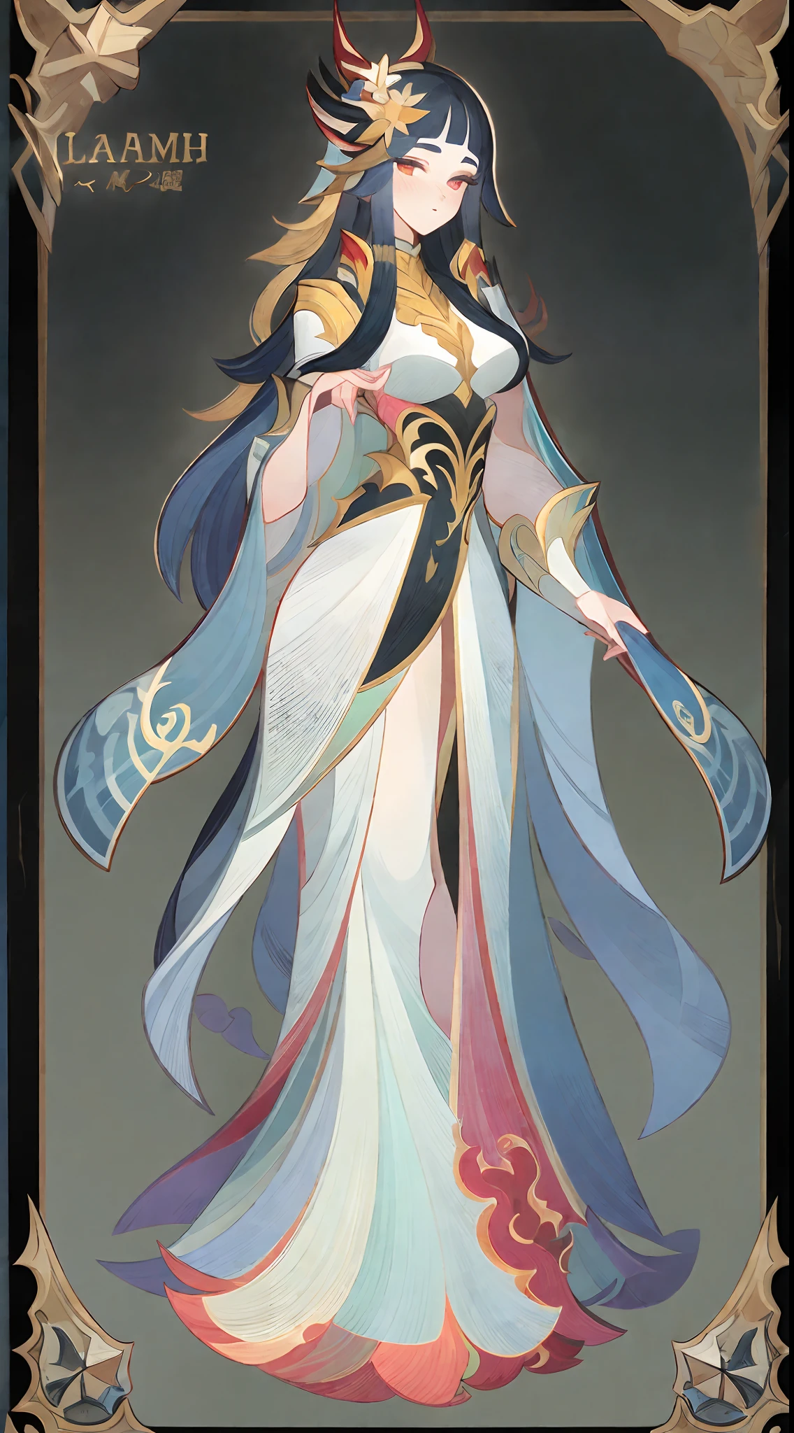 1个Giant Breast Girl，Flame Mage，Gorgeous long dress，standing full-body，独奏，Clear facial features，Simple line design，Transparent black background，Standing drawings of characters，Game character card design，fantasy concept art，(tmasterpiece，top Quority，best qualtiy，超高分辨率，Clear facial features，beautidful eyes，beauitful face)，(((独奏))), ((very simple background)), ((flatcolors))