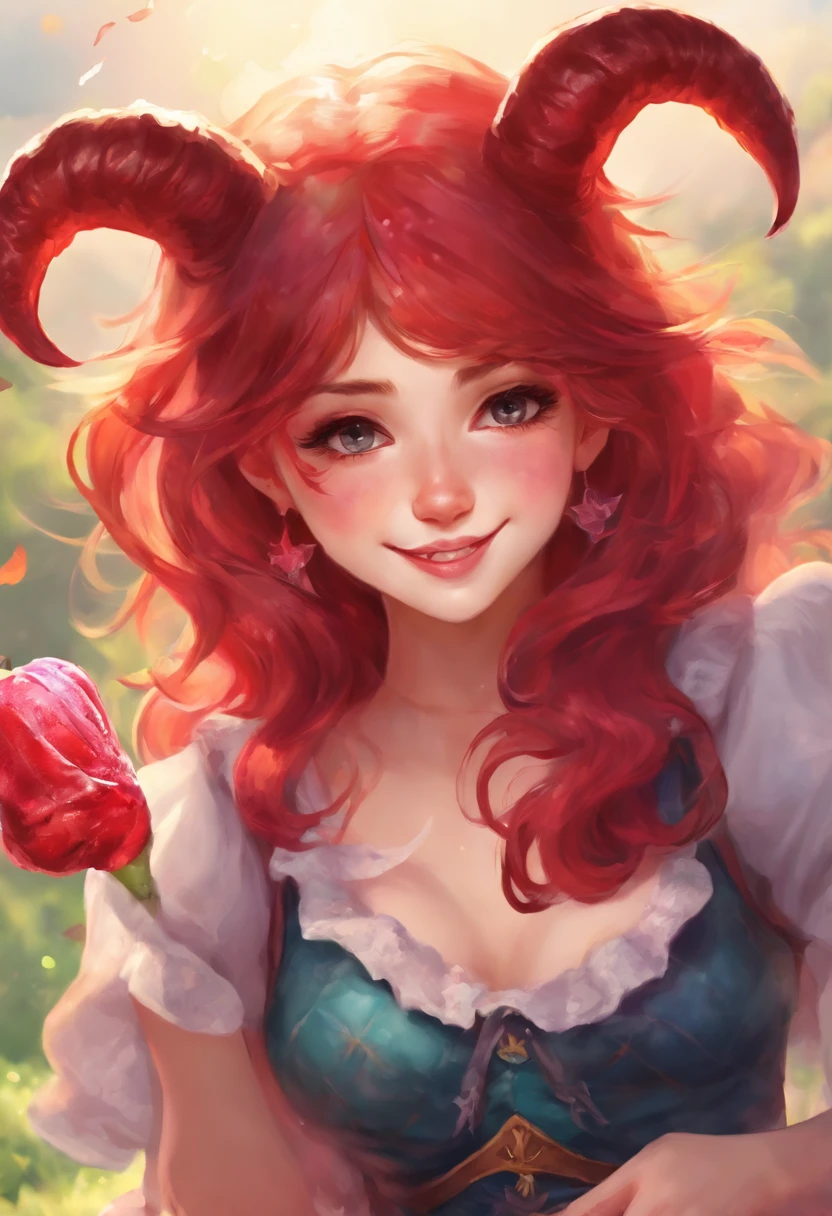 (masterpiece,Highest Quality, photorealistic, ultra-realistic , cute little devil , red skin, happy smiling, eating circle-lollipop, clouds background (photoreal)
