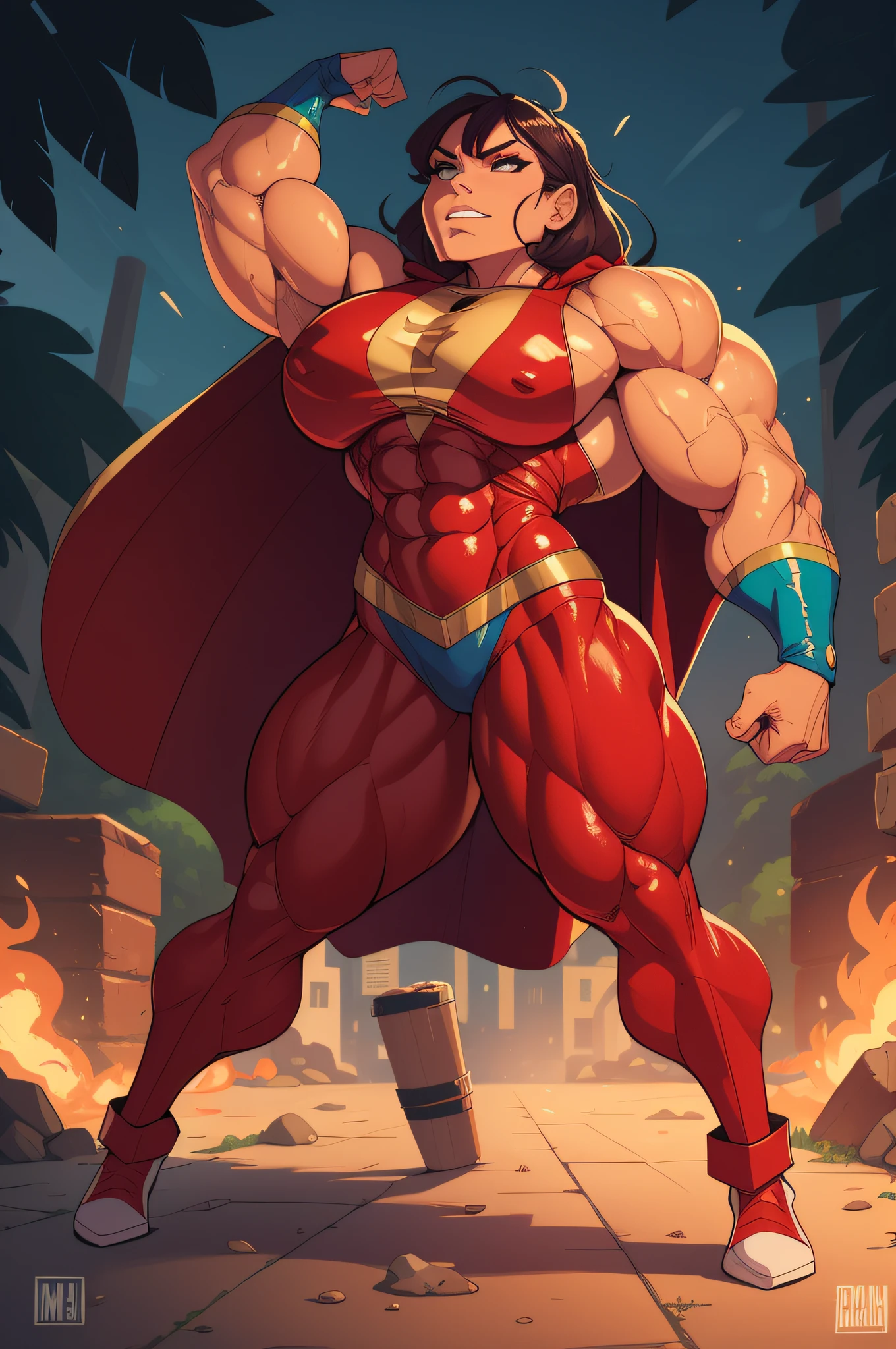 Mexican muscle woman flexing muscles wearing superhero outfit with cape, muscle woman, big muscles, huge muscles, massive muscles, mature woman