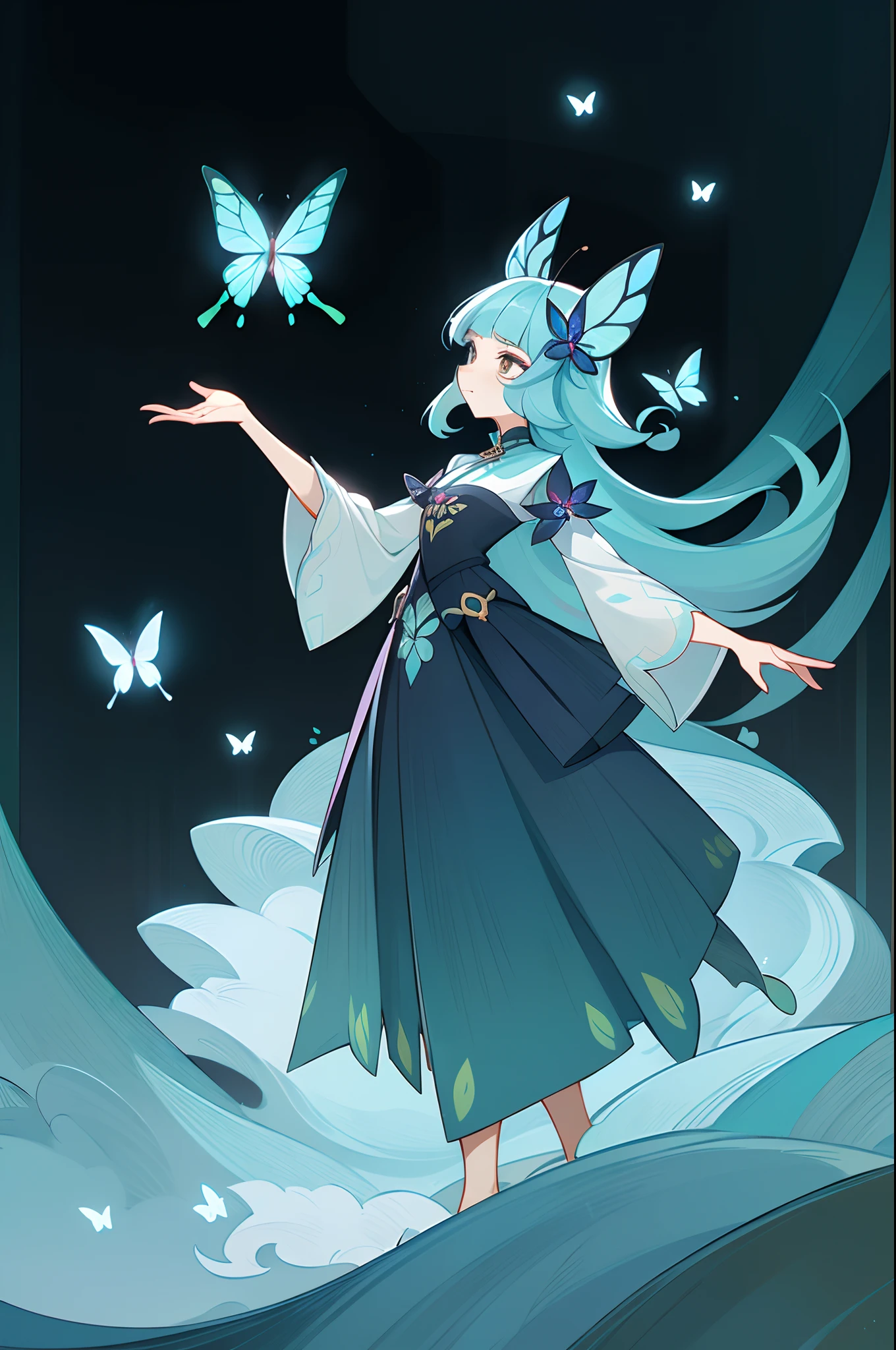 (1 Anthropomorphism of butterflies), (standing full-body), (Full body standing painting), 1 Princess，(standing full-body)，独奏, long  skirt，character  design, fanciful, tmasterpiece，top Quority，best qualtiy，超高分辨率，Exquisite facial features