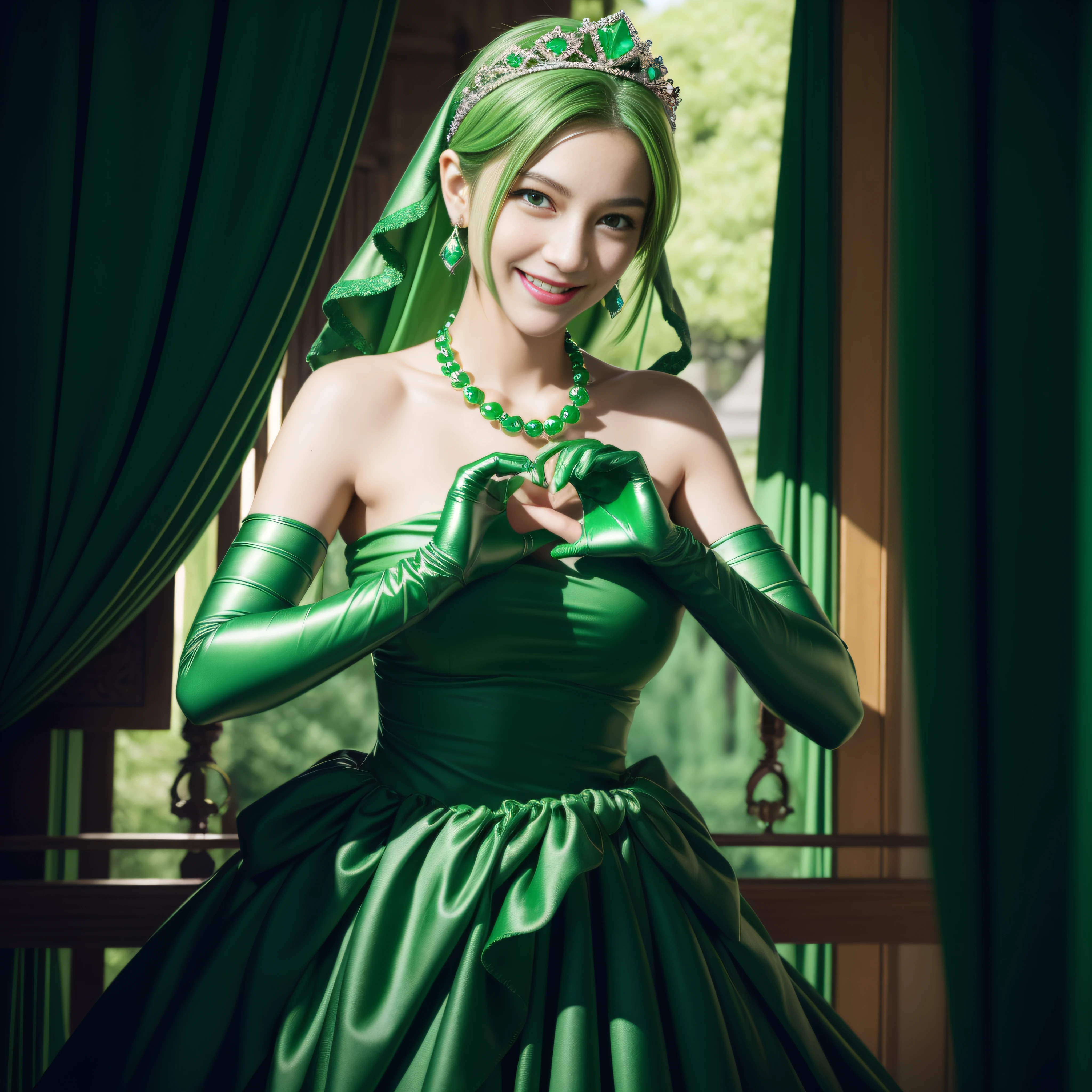 emerald tiara, Green Pearl Necklace, Boyish very short green hair, lipsticks, Japan woman smiling, very short short hair, big breasts beautiful, Green eyes, Long green gloves made of satin material, Green eyes, Emerald Earrings, green vale, Heart with both hands