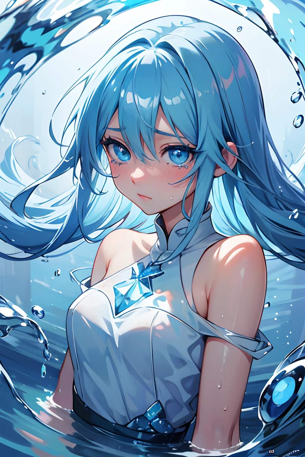 anime girl with blue eyes and water splashing around her, an anime drawing by Yuumei, trending on pixiv, conceptual art, wallpaper anime blue water, azure blue watery eyes, blue watery eyes, water eyes, watery eyes, blue eye. anime, watery blue eyes, watery crystal glow eyed, tears dripping from the eyes