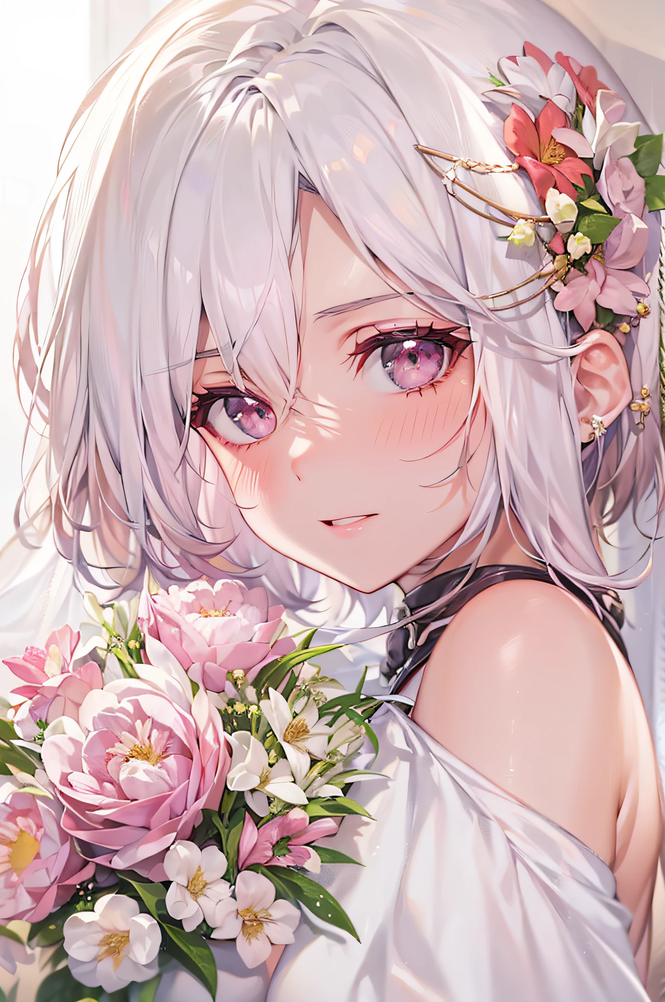 Sakura Haruno, ((Solo)), Alone, Bride, Wearing a white wedding dress, queen, cheerfulness, ((The forehead to display)), standing, Enter the church, Pink hair, Short hair, Delicate, Young, Short hair, Detailed face, High definition, ((full bodyesbian)), (Flowers around her), full bodyesbian, She is a beautiful woman to marry, face with high quality, Beautiful, Radiant