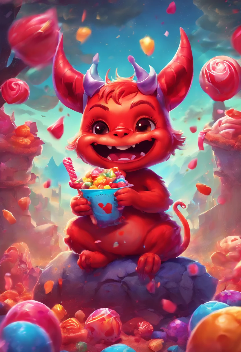 (best quality,4k,8k,highres,masterpiece:1.2),ultra-detailed,(realistic,photorealistic,photo-realistic:1.37),cute little devil,happy smiling,eating candy,adorable red devil costume,horned headband,fuzzy tail,sparkling eyes,giggling with joy,cheeks rosy with delight,licking a colorful lollipop,pastel-colored candies in the background,sunshine casting a warm glow,playful mischief in the atmosphere,candy wrappers scattered on the ground,colorful confetti raining down,delicious treats attracting little devil,background with sugary landscapes,vivid colors contrasting with the devil's costume,delightful expressions captured in every detail,extreme focus on the devil's facial features,expressive eyebrows and mischievous smile,attention to vibrant colors and textures,brilliant lighting highlighting the devil's cuteness,aesthetic resembling a cute children's book illustration,whimsical art style with a touch of fantasy.