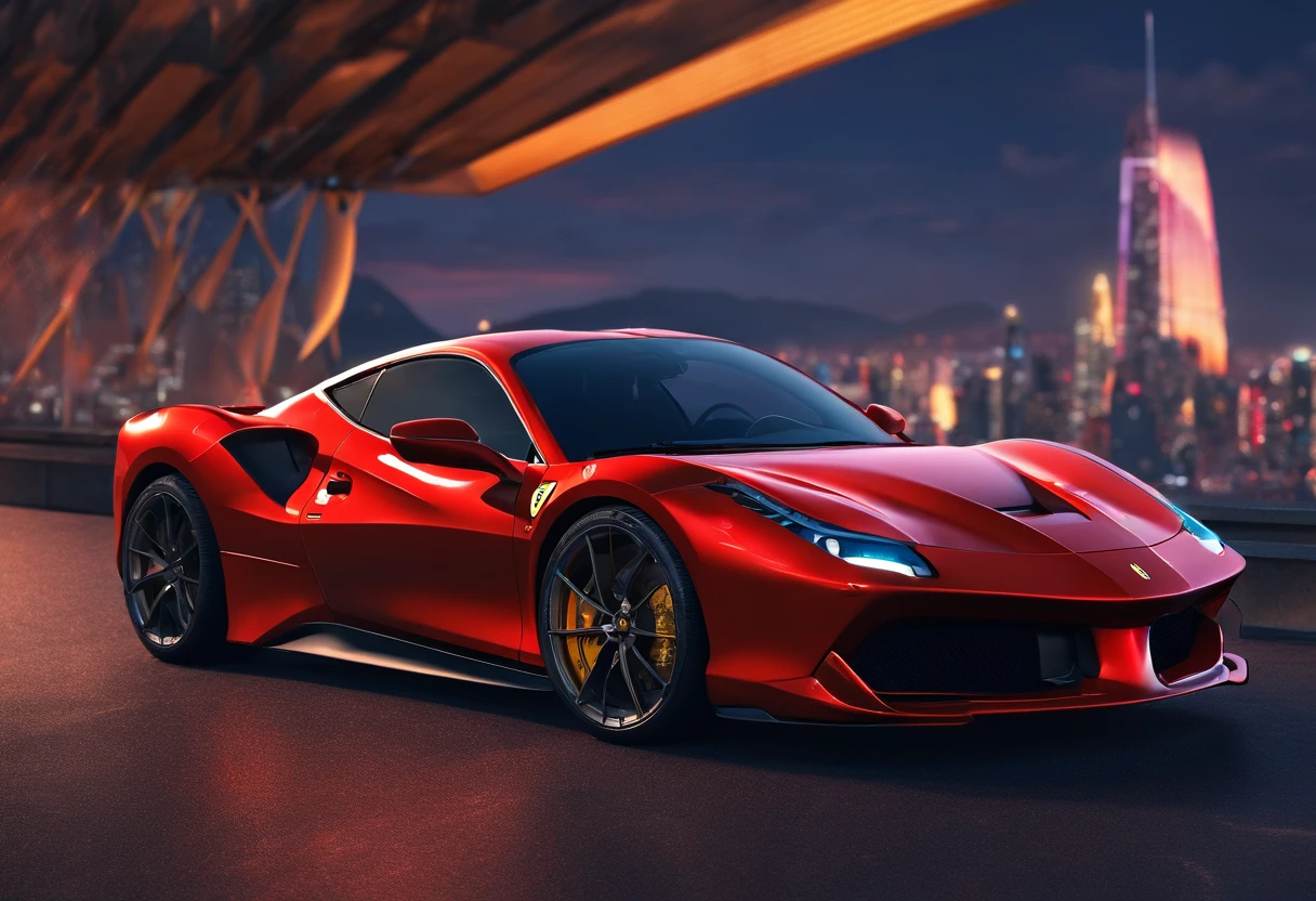(Best quality, 8k, Masterpiece :1.2), hyper realistic, cyberpunk, at a mountain, an detailed red Ferrari 488, Speeding on the highway, (Facing the audience), The blue skyscraper in the background, at night,