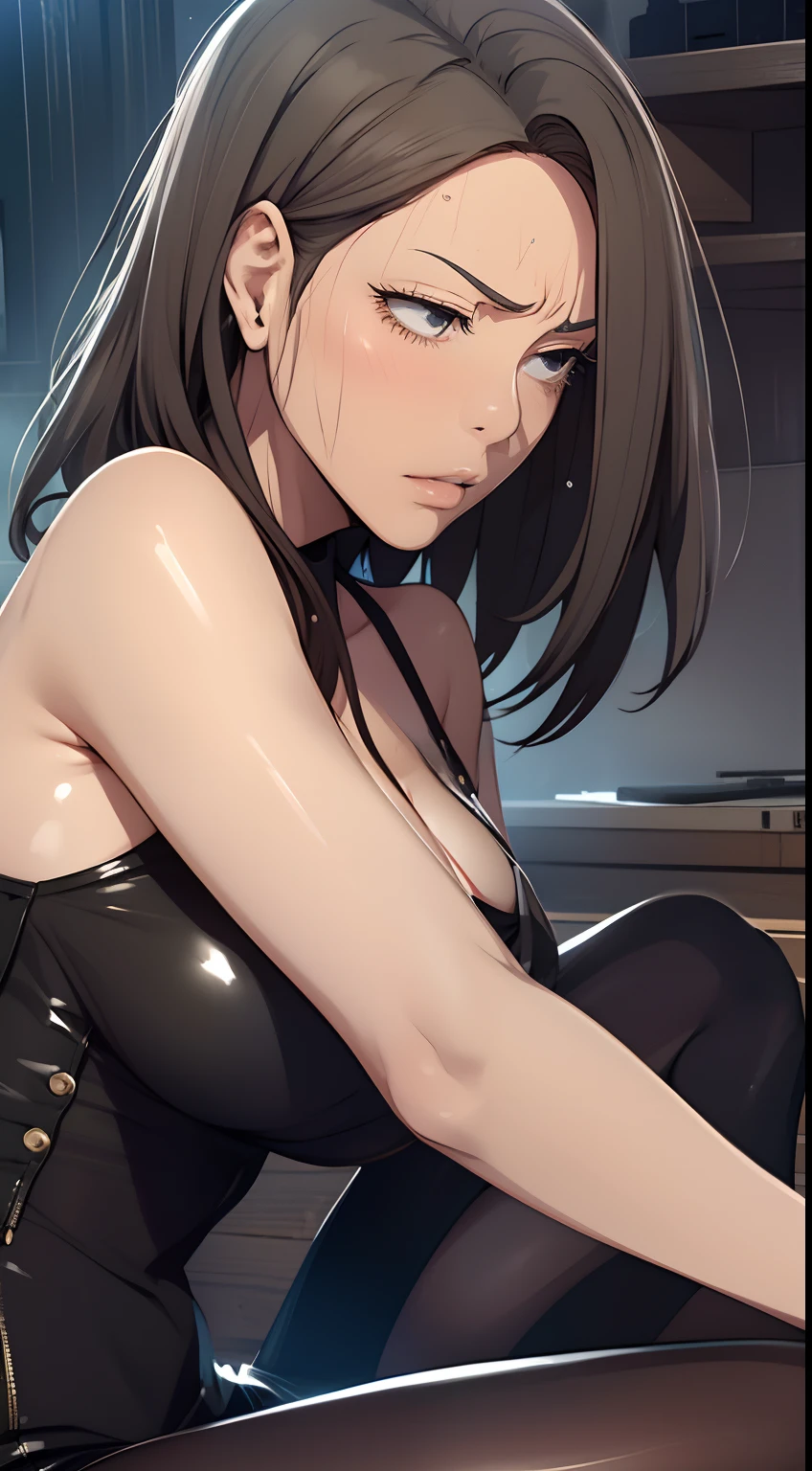 Painful expression，Long boots，black pantyhoses, cleavage, Big breasts, jewelry,, Attractive,, Best quality, masutepiece. (Digital artwork for film: 1.3), High quality, masutepiece, of the highest quality, Super detail, illustration, [4K digital art]、 lndswgnr, (Sharp focus: 1.5), (Moody lighting:1.2), depth of fields, Bokeh, 4K 、(masutepiece:1.3), high resolution, ultra - detailed, the Extremely Detailed CG Unity 8K Wallpapers, Realistic, Photorealsitic, RAW photo, beautifull detailed face, Pale skin, realistic glittering skin, Detailed cloth texture, Detailed hair texture, Perfect body, Beautiful face, acurate, Anatomically correct, Highly detailed face and skin texture, Natural neck length, (Beautiful hands), (Fair skin:1.2), Thin legs, Thin feet, Detailed people、A detailed face、细致背景、((steams,Sweat)