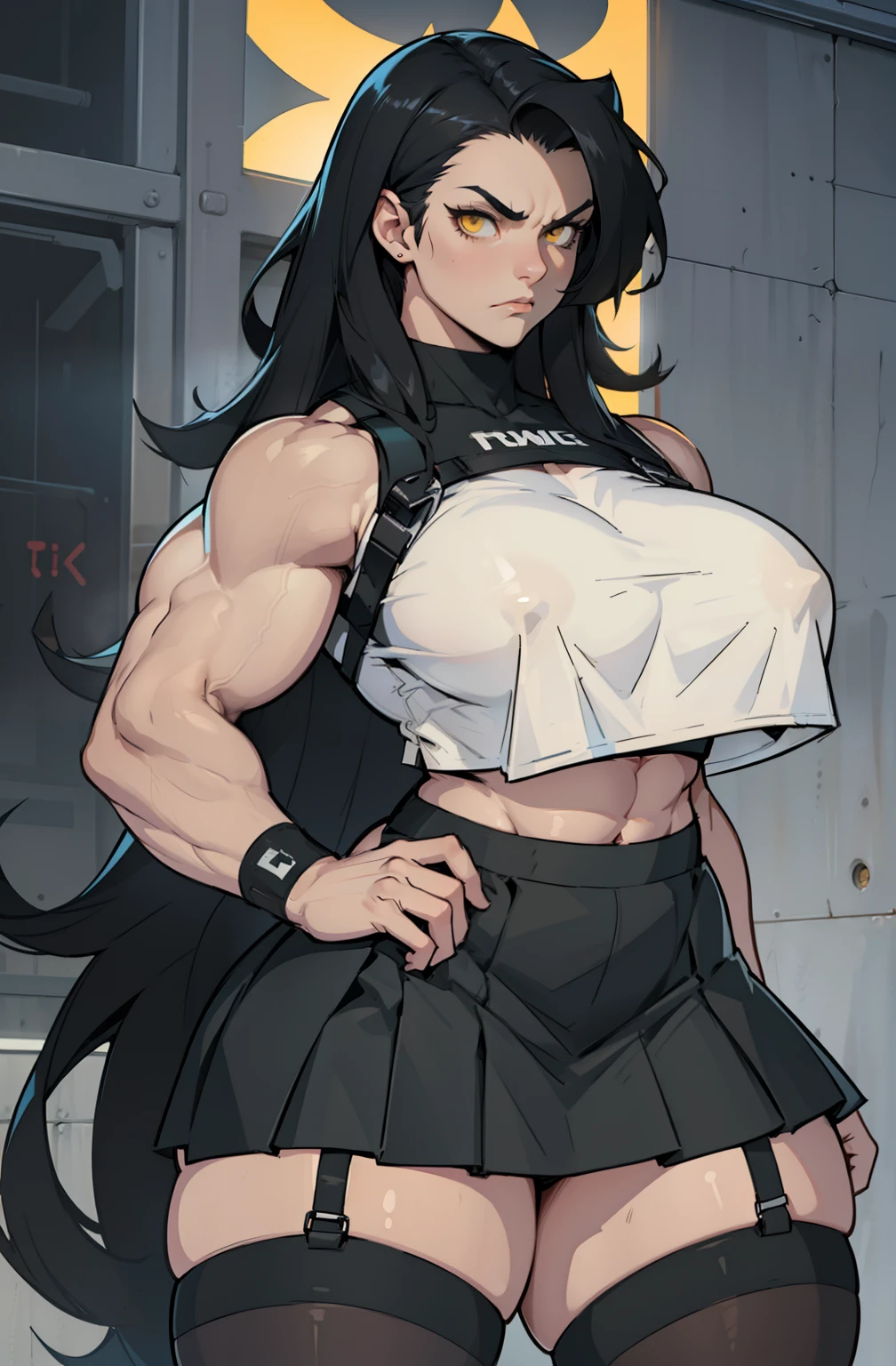 ((1 girl)) ((((muscular)))), ((huge tits)) ((thick thighs)) ((wide hips)) ((toned body)) ((curvy)) (thick thighs)) (pale skin) black hair very long hair yellow eyes angry (stocking skirt crop top)