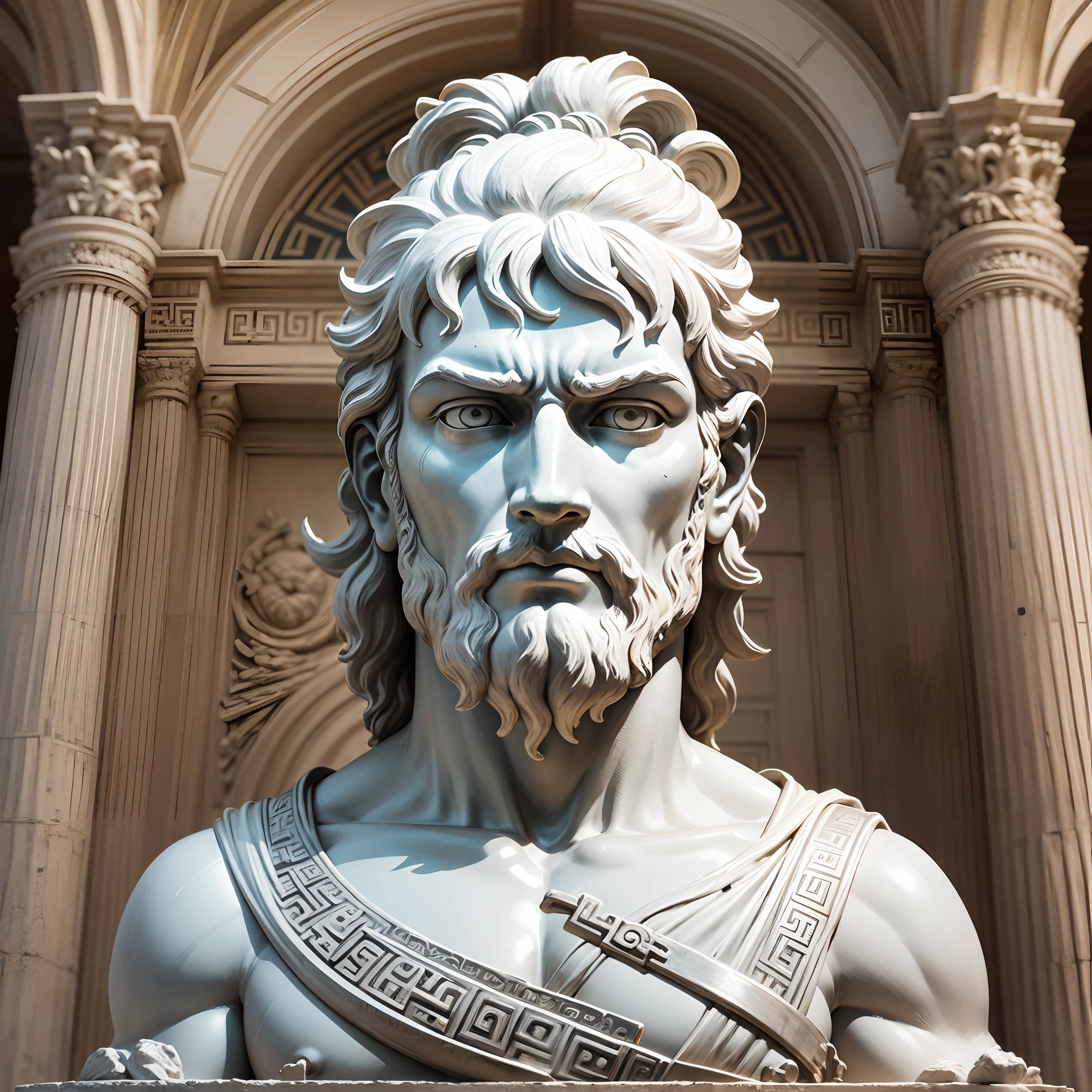 Statue Greek stoic man with a strong and robust body, similar to the ancient statue of the philosopher Seneca, White and silver statue, white and silver eyes statue. --auto --s2
