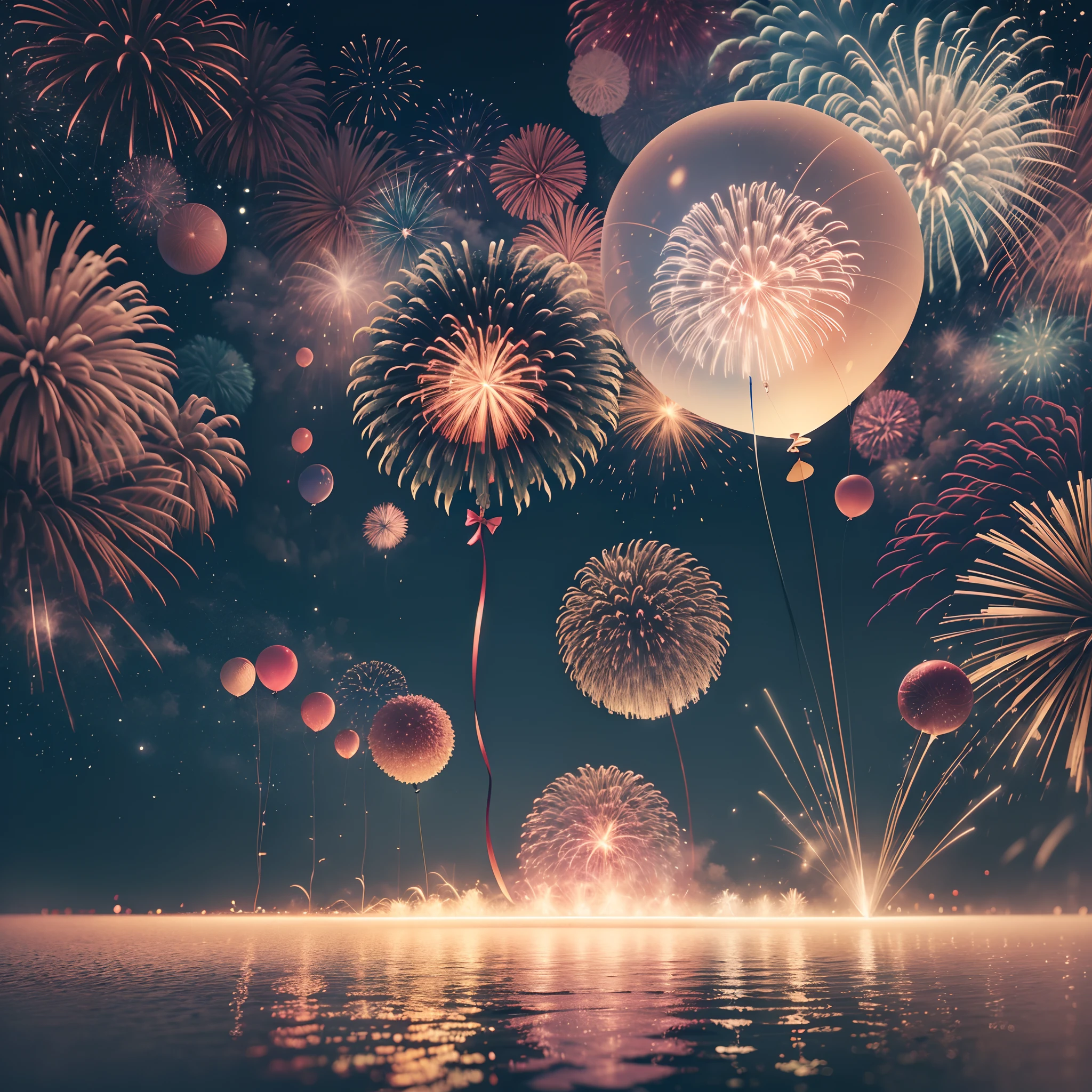 2024 New Year's atmosphere pictures, color fireworks and balloons, soft and bright light, front perspective, no characters, presented with surreal photography style, large white cotton, frequent use of bright background, minimalist style, SudersanPatnaik virtual engine 5 innovation pageDesign, soft color fusion, Hans Baldon Griene, 8K high quality --auto --s2