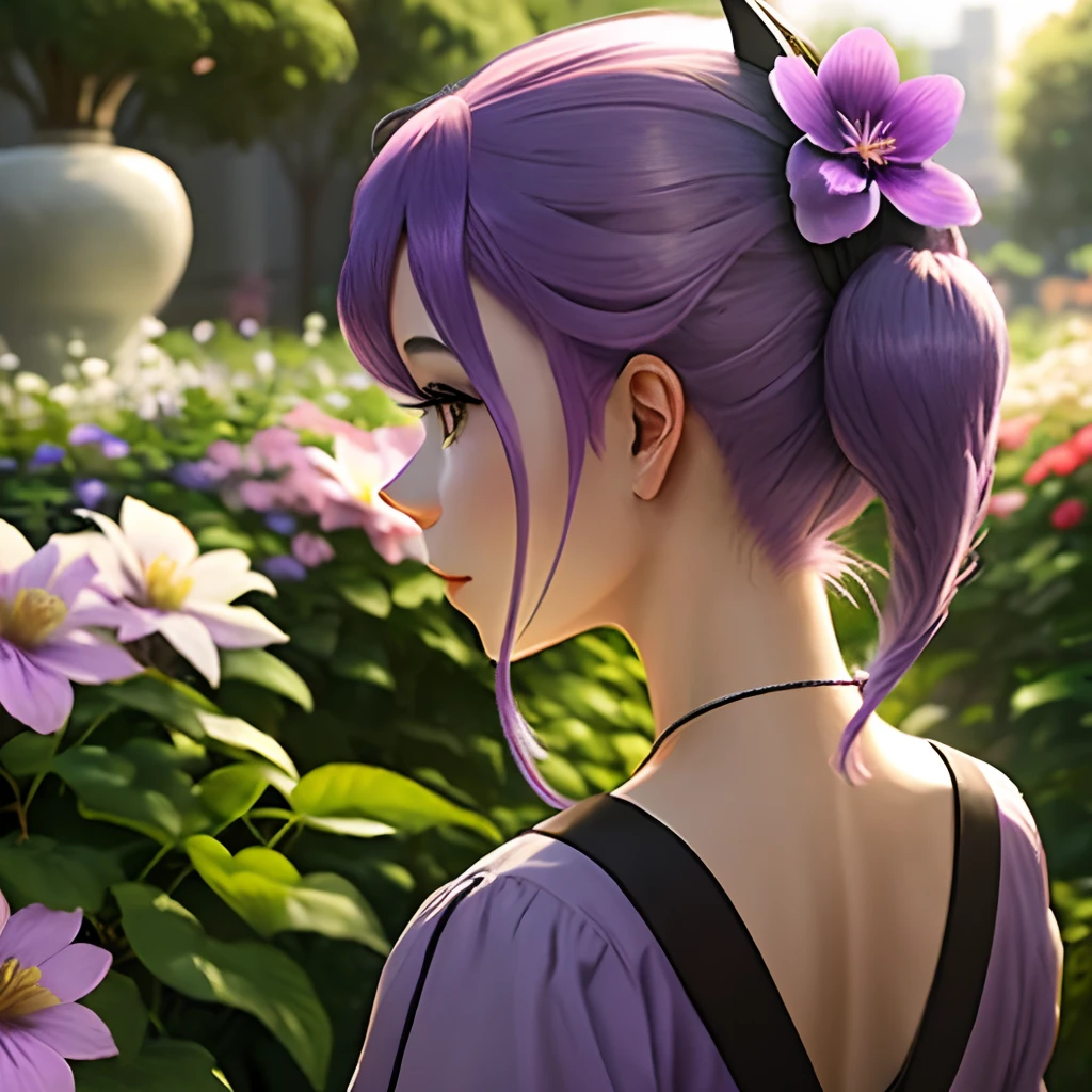 Purple hair, side tail, back view, flower garden