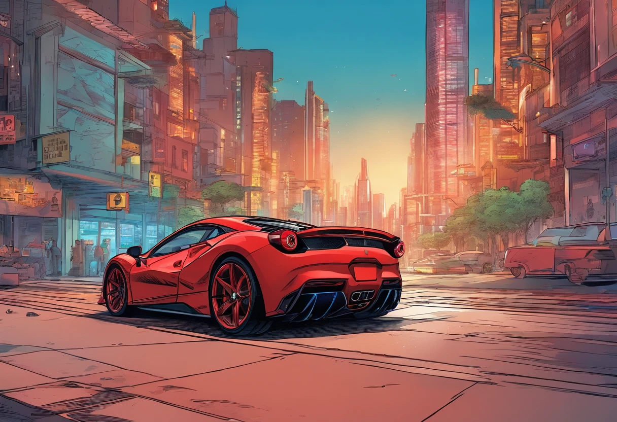 (Best quality, 8k, Masterpiece :1.2), hyper realistic, cyberpunk, at a mountain, an detailed red Ferrari 488, Speeding on the highway, (Facing the audience), The blue skyscraper in the background, at night,