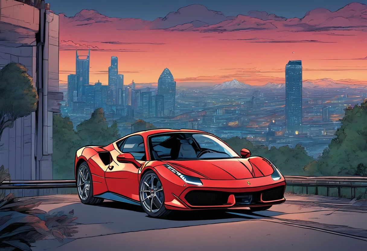 (Best quality, 8k, Masterpiece :1.2), hyper realistic, cyberpunk, at a mountain, an detailed red Ferrari 488, Speeding on the highway, (Facing the audience), The blue skyscraper in the background, at night,
