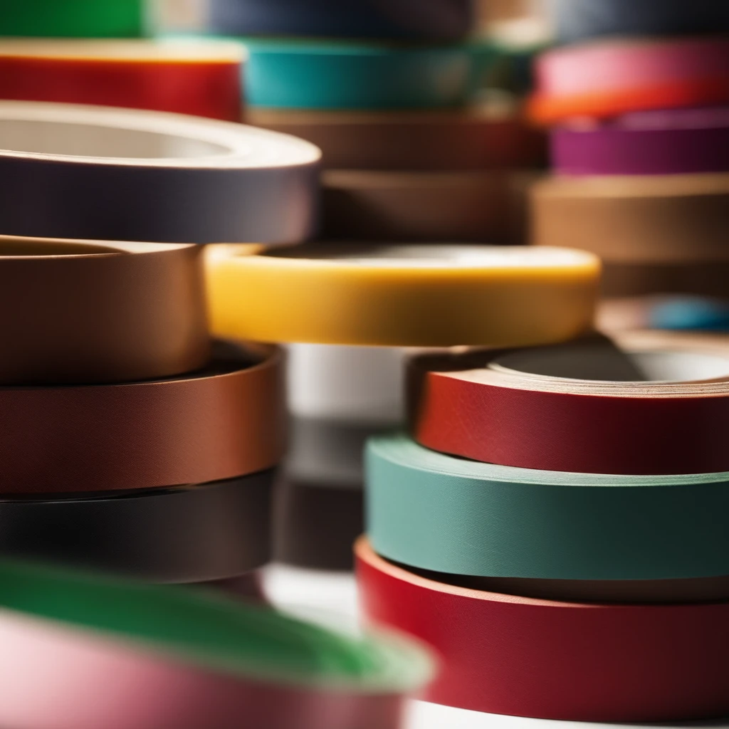 an extreme closeup shot：Delicate colored tape，Several rolls of tape are neatly stacked on top of each other，Not the same color，There are graphic words on the tape，Depth of field 1.8，sun light