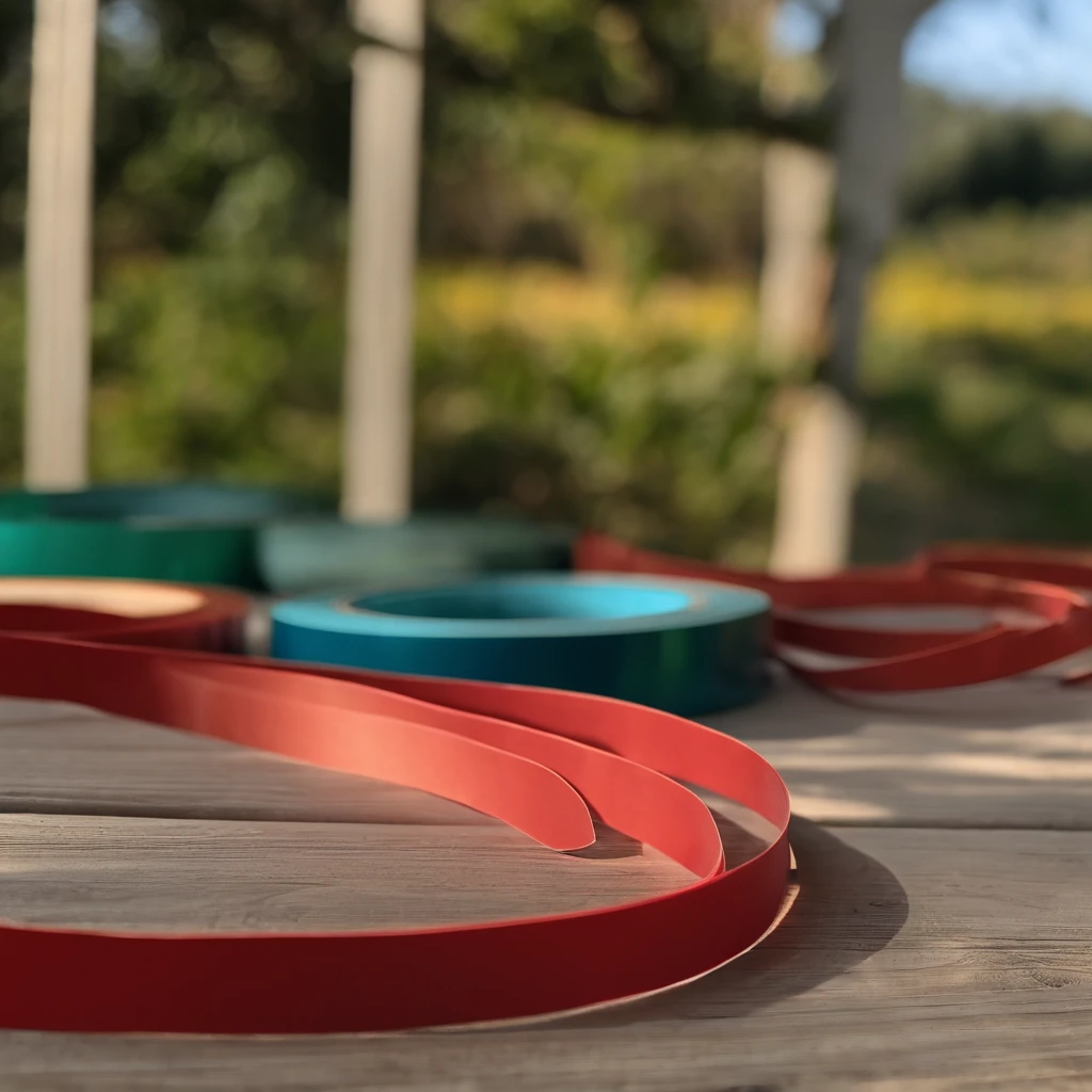 an extreme closeup shot:Delicate colored tape,Several rolls of tape are neatly stacked on top of each other,Not the same color,There are graphic words on the tape,Depth of field 1.8,sun light