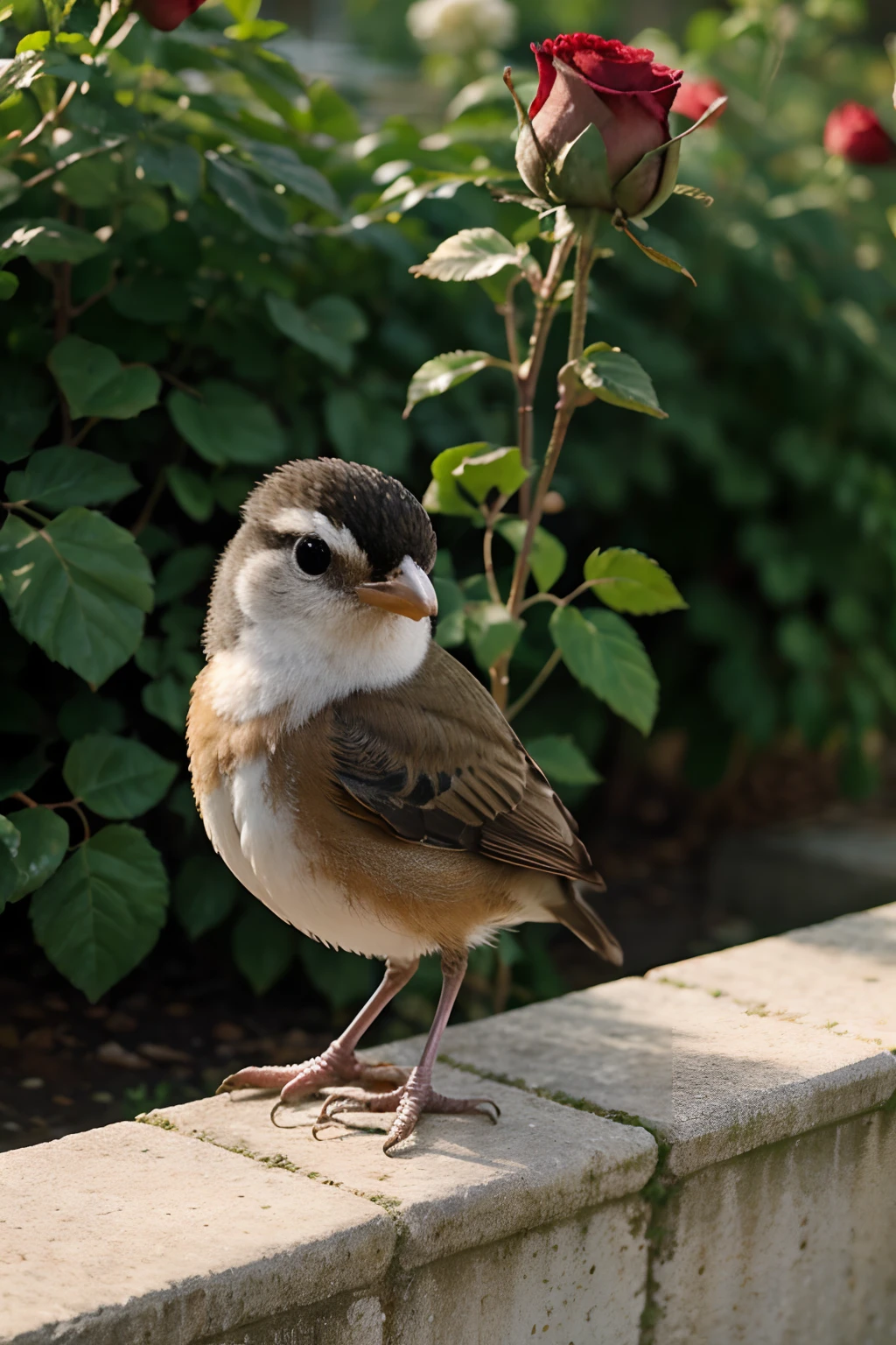 Cute tiny bird standing under roses in the morning