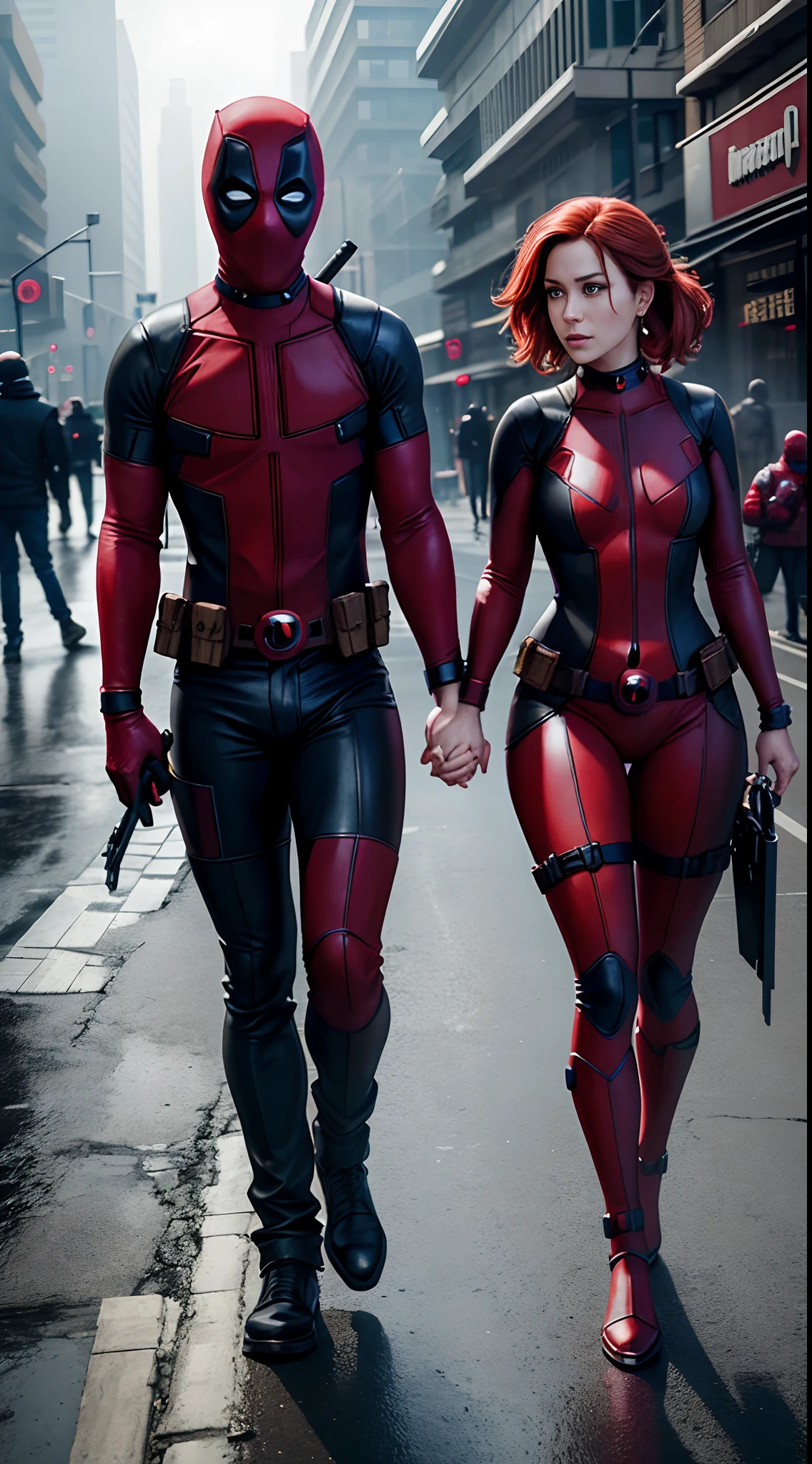 a romantic photo of deadpool holding his beautiful wife, Highly Detailed Skin, Realistic Skin Details, Sharp Focus, Volumetric Fog, 8K UHD, DSLR, high quality, film grain, fair skin, photorealism, sprawling metropolis in futuristic dystopia, walking on the streets holding hands,