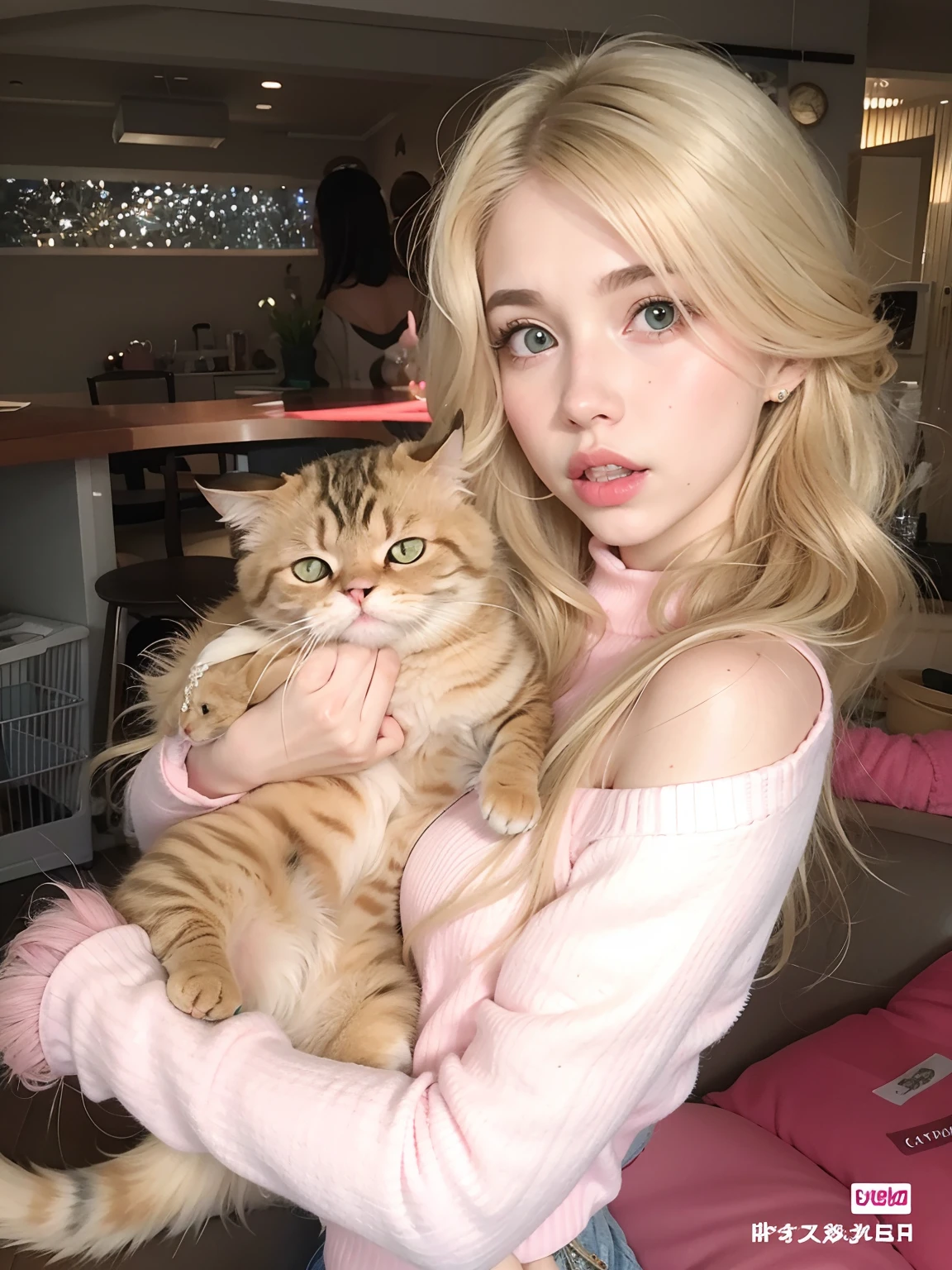 Blonde girl holding a cat in her arms in a pink sweater, muy hermosa linda catgirl, Atractiva chica gato, with small cat on his lap, con gatos de su lado, Mujer, Grandes mejillas sosteniendo a su gato, Hermosa joven catgirl, Ava Max, Lalisa Manobal, She is holding a cat in her arms, facial feminization