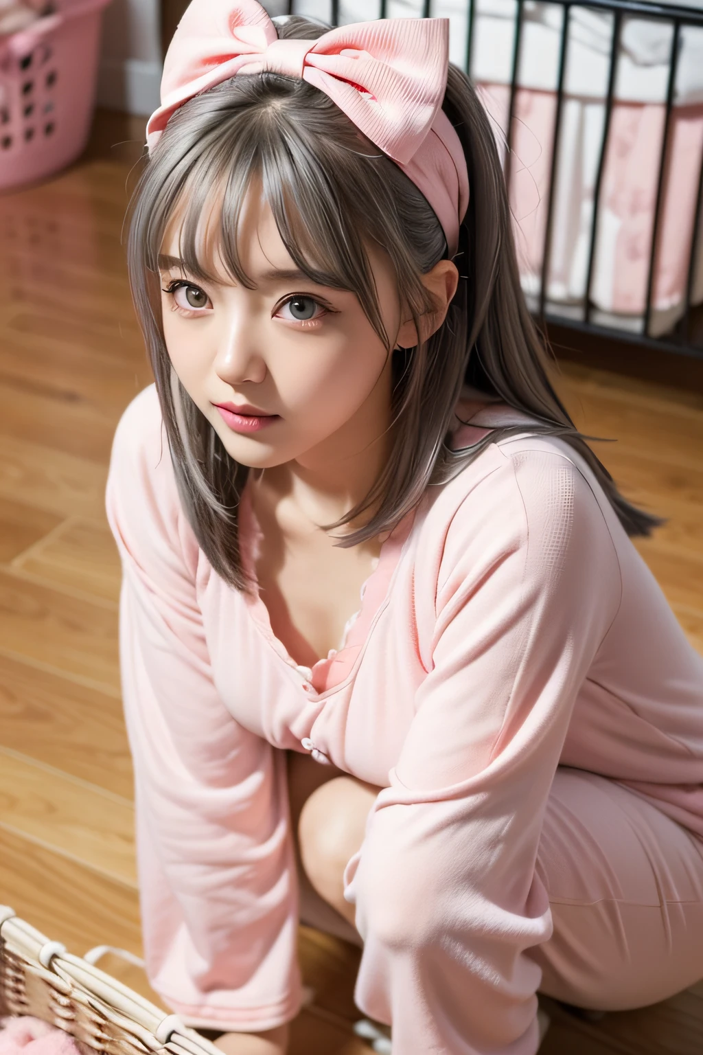 masutepiece, Best Quality, super detailed, Illustration, Beautiful detailed eyes, close up, girl with. I have gray hair, pink bows, White pajamas. Squatting on the ground、Chrumming through the clothes basket