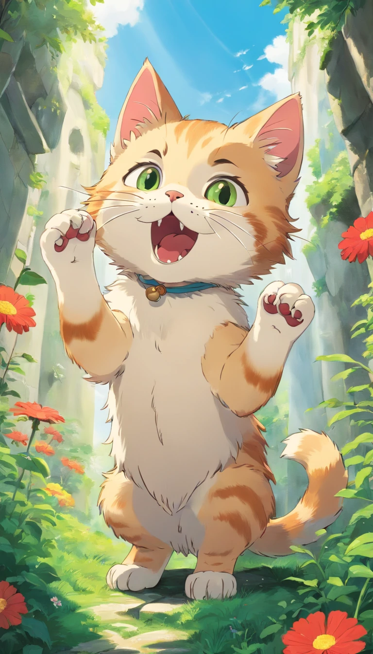 The kitten opens its mouth and extends its paws sideways
