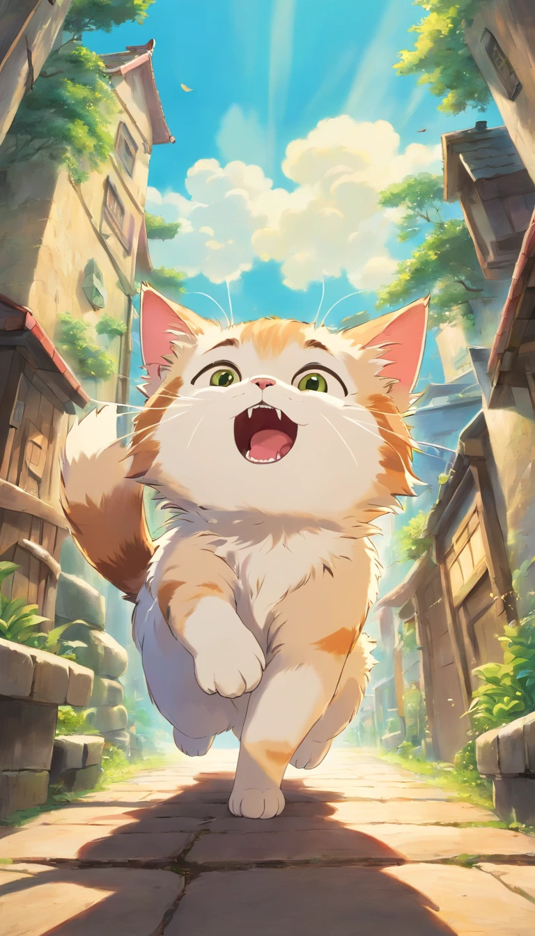 The kitten opens its mouth and extends its paws sideways