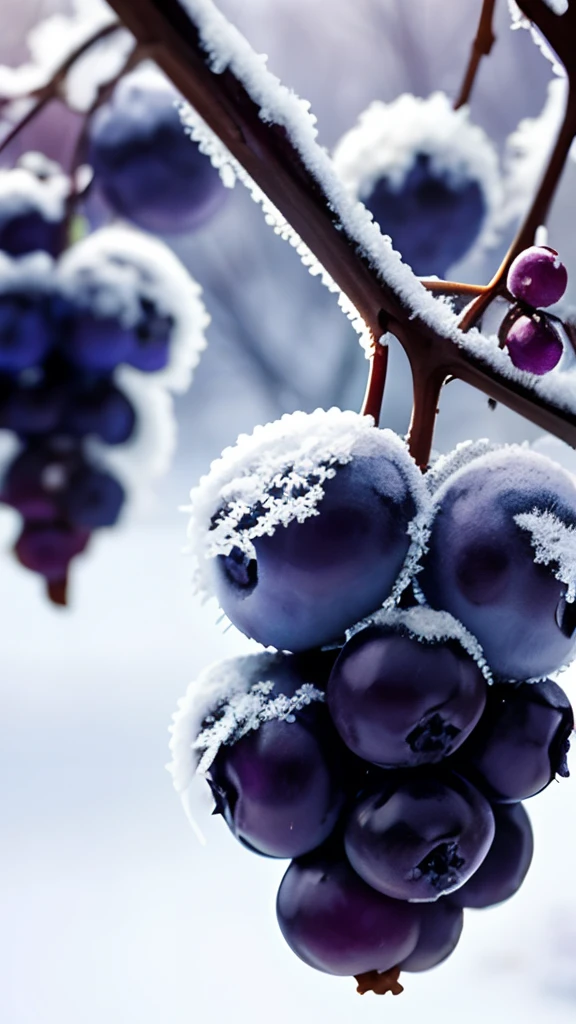 On the frozen branches grow purple blueberries，There is frost on the blueberries，Early winter weather，Blur hazy background，first person perspective