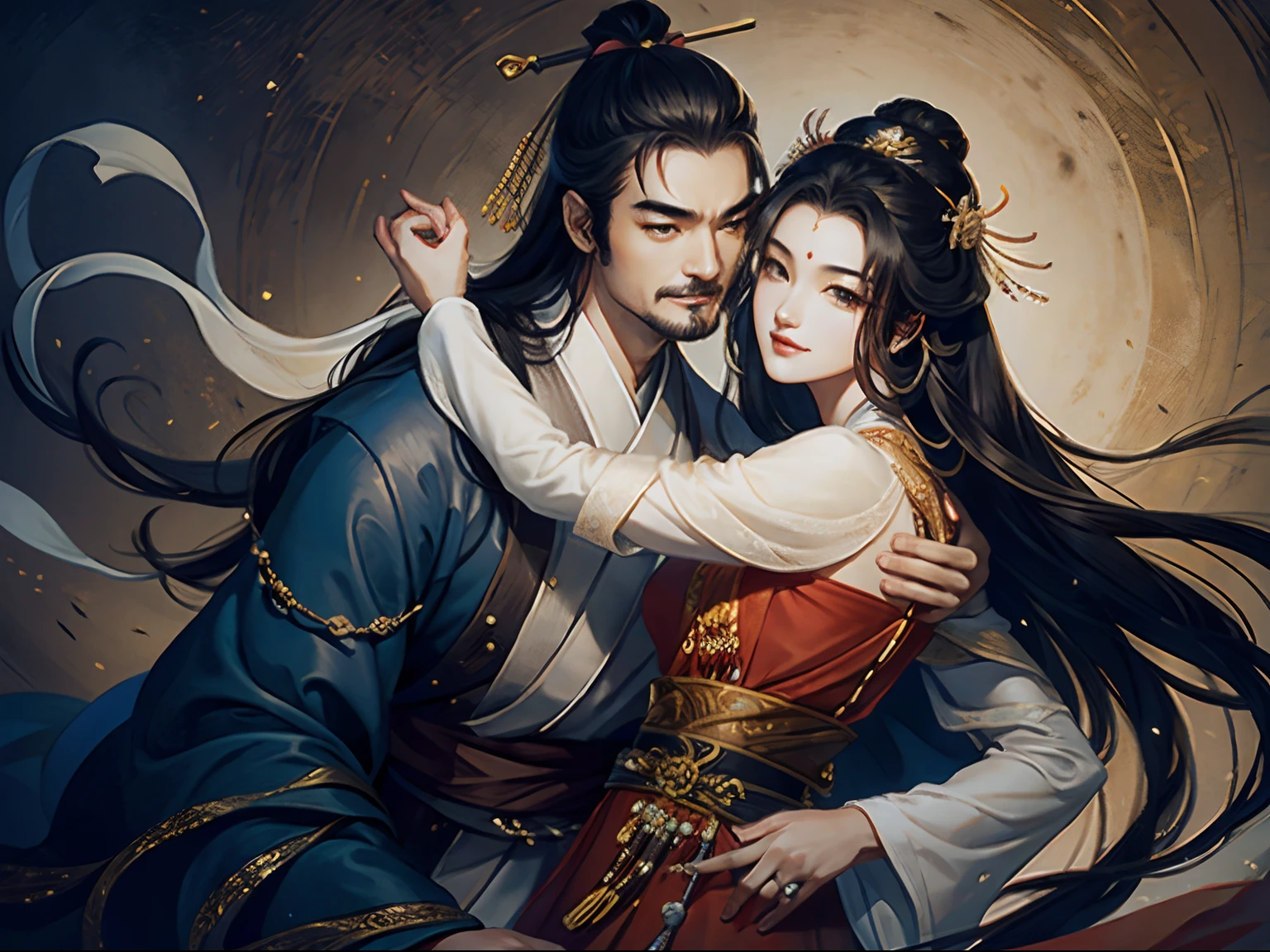 two guys，（The man who embraces the woman 1.1），An immortal cultivator man with long hair and black eyes，Takeshi Kaneshiro's appearance，Evil smile 1.2），A Tang dynasty woman（She has long dark brown hair and delicate hair accessories1.2），（Has very beautiful eyes and long eyelashes1.3），（Perfect Body 1.2），（Dressed gorgeously1.3），perfect hand，perfect foot，tmasterpiece，high high quality，16k