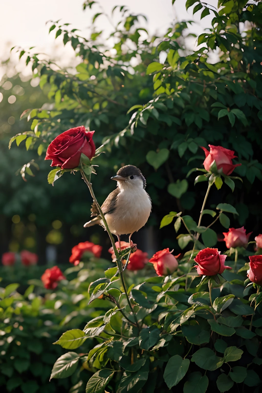 Cute tiny bird standing under roses in the morning