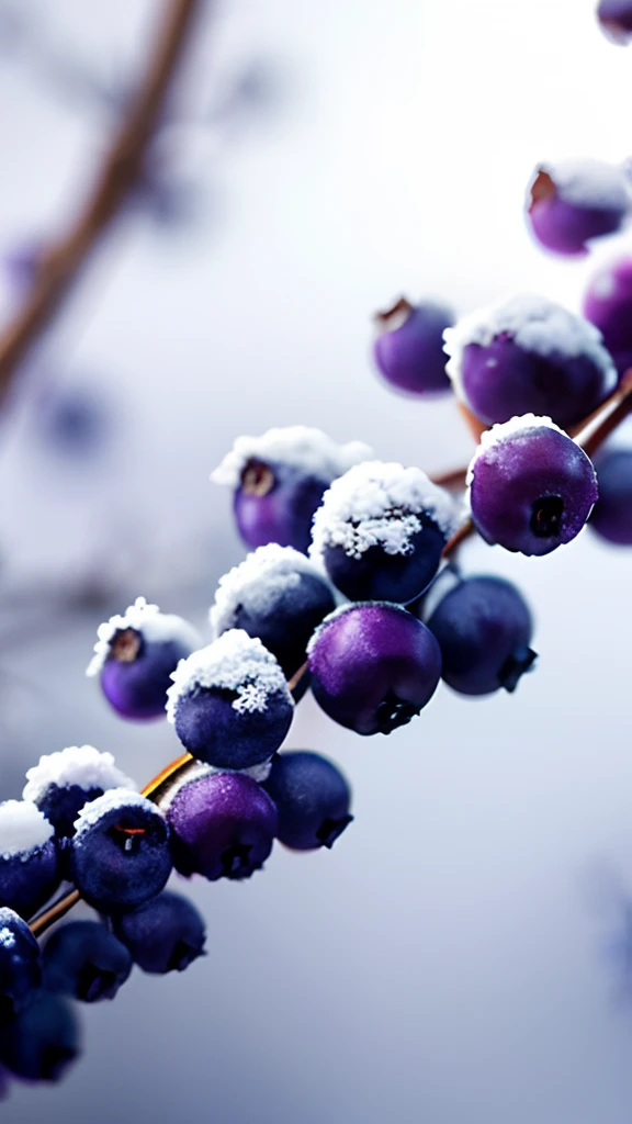 On the frozen branches grow purple blueberries，There is frost on the blueberries，Early winter weather，Blur hazy background，first person perspective