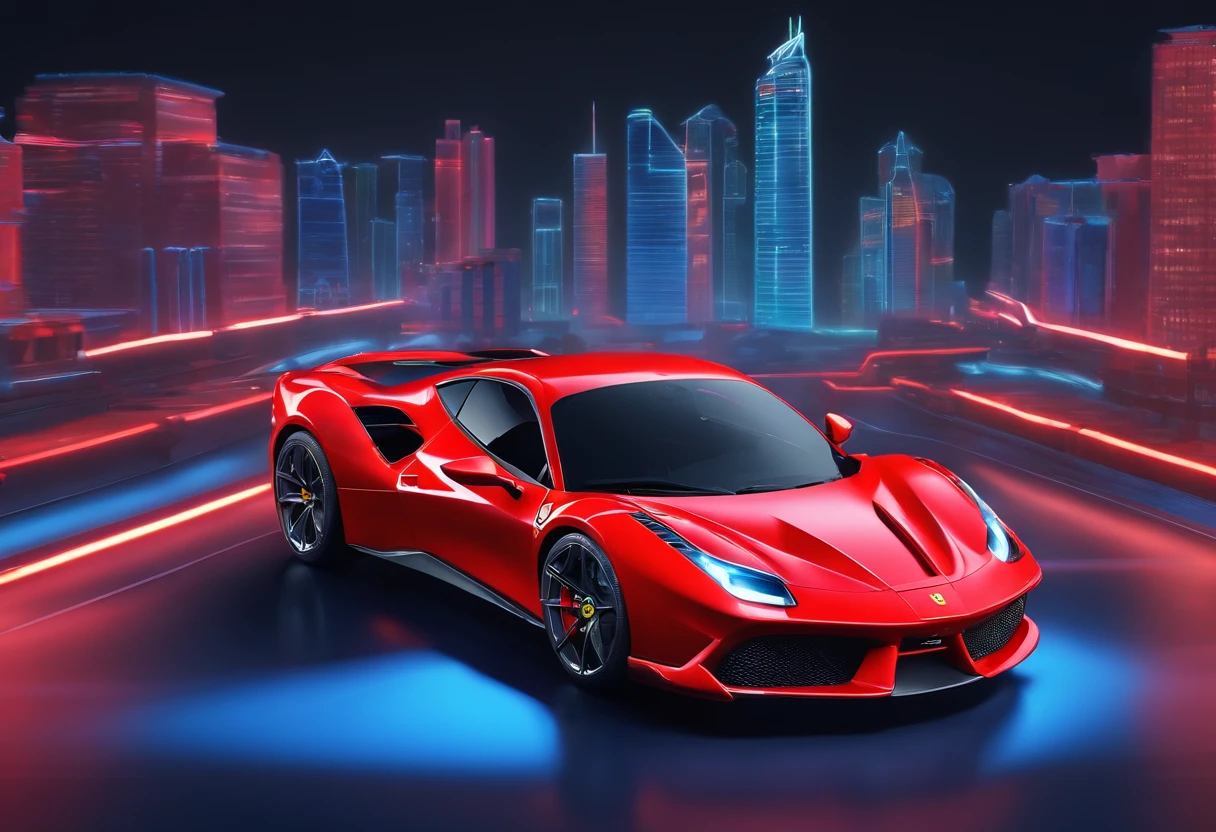 (Best quality, 8k, Masterpiece :1.2), hyper realistic, cyberpunk, at a mountain, an detailed red Ferrari 488, Speeding on the highway, (Facing the audience), The blue skyscraper in the background, at night,